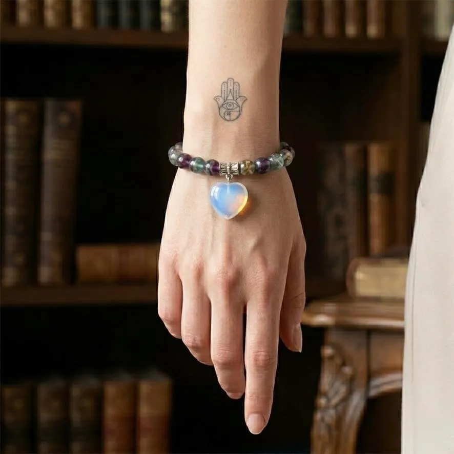 Bracciale con Pietre Naturali Vere e Ciondolo a Cuore opalite, Energia Positiva, Armonia Interiore e Protezione Spirituale, Amore e Benessere (Fluorite) - immagine 3
