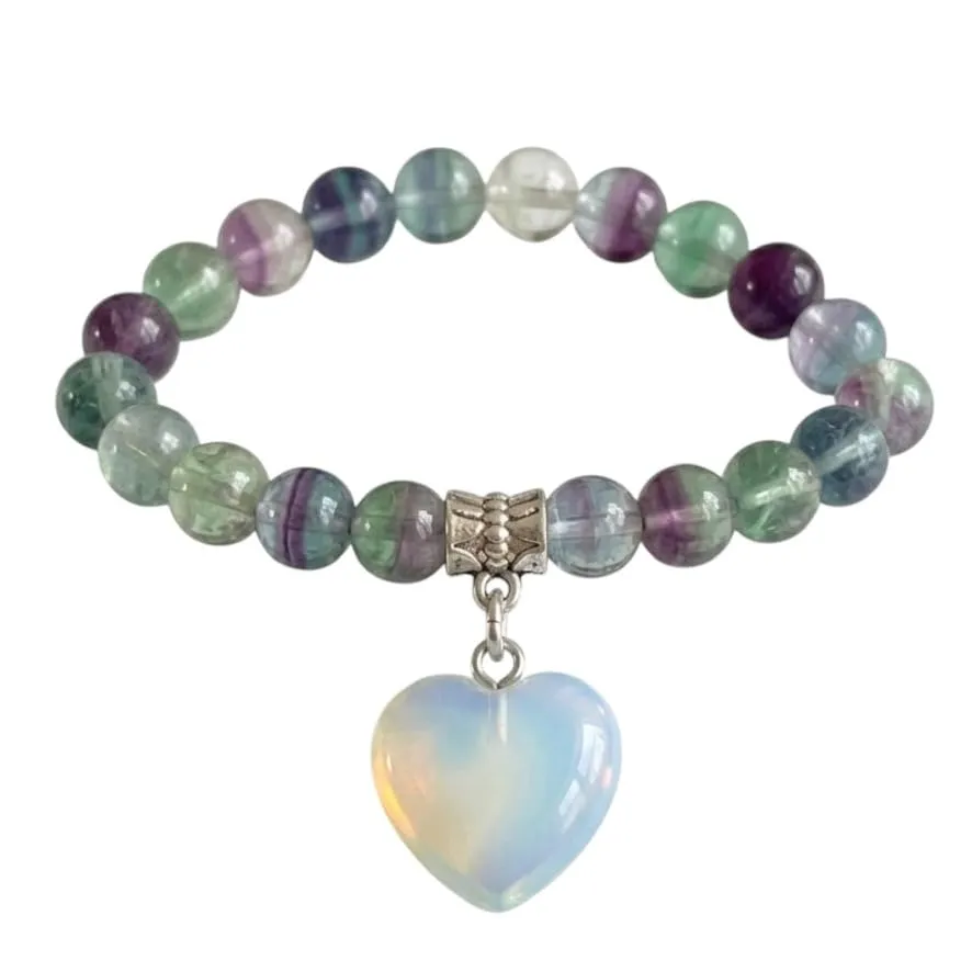 Bracciale con Pietre Naturali Vere e Ciondolo a Cuore opalite, Energia Positiva, Armonia Interiore e Protezione Spirituale, Amore e Benessere (Fluorite) - immagine 5