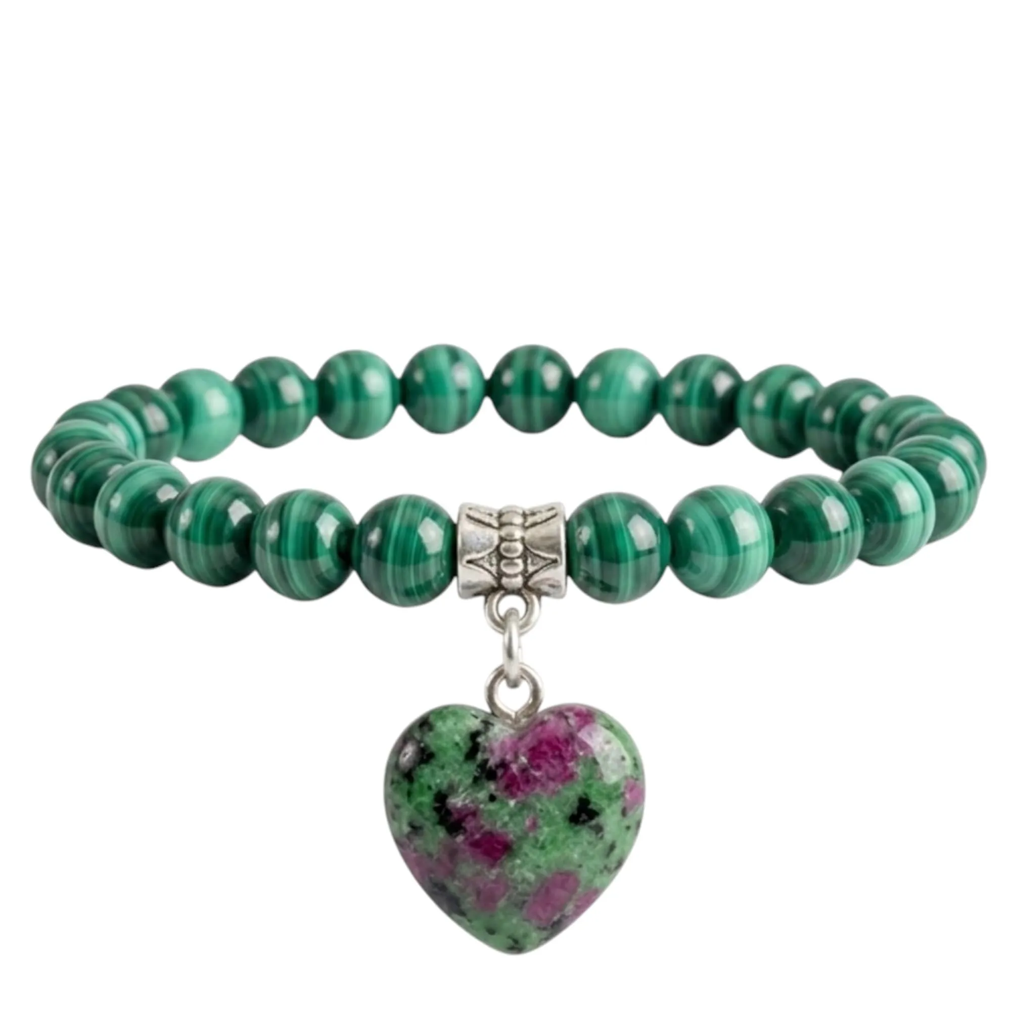 Bracciale con Pietre Naturali Vere e Ciondolo a Cuore, Energia Positiva, Armonia Interiore e Protezione Spirituale, Amore e Benessere (Malachite) - immagine 1