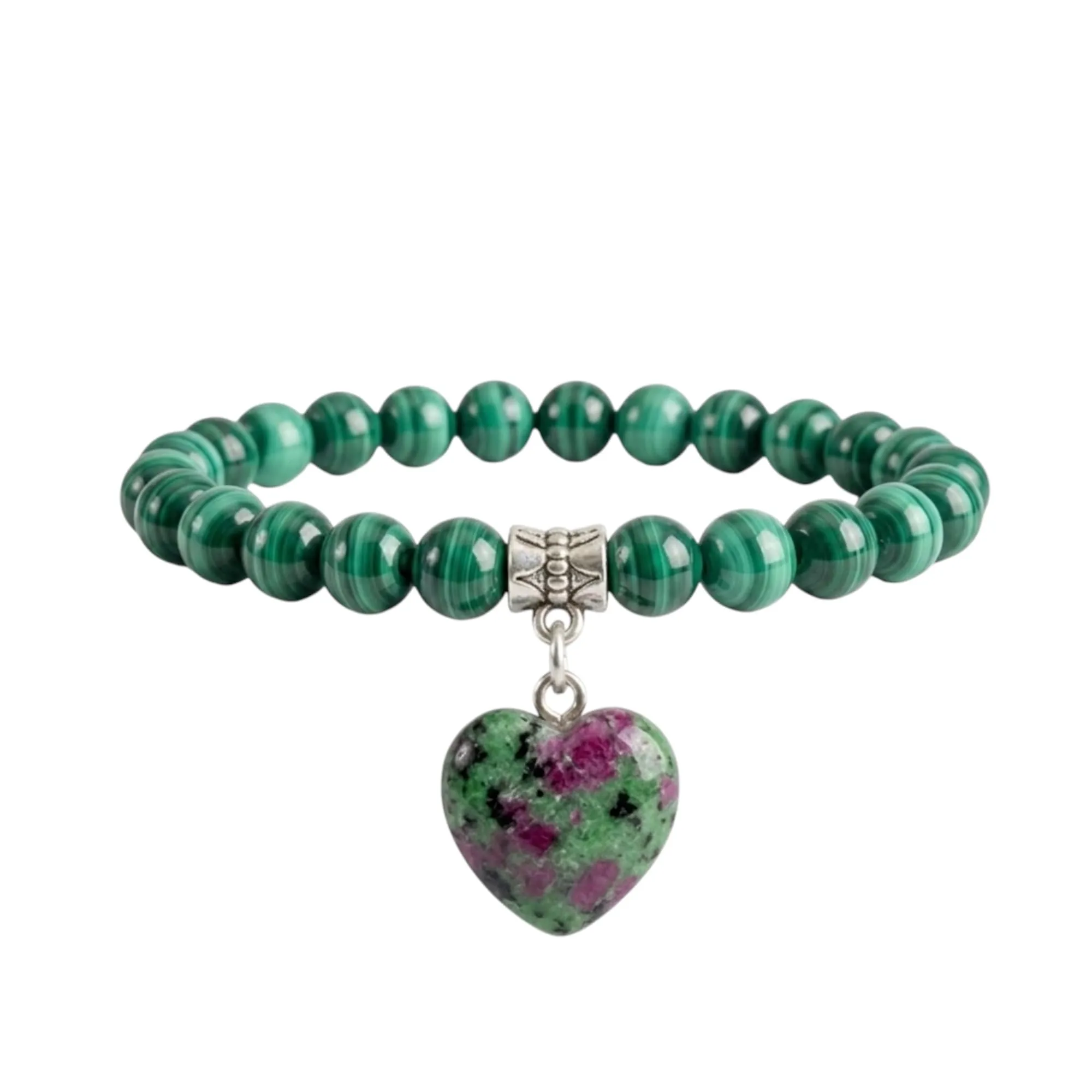 Bracciale con Pietre Naturali Vere e Ciondolo a Cuore, Energia Positiva, Armonia Interiore e Protezione Spirituale, Amore e Benessere (Malachite) - immagine 2