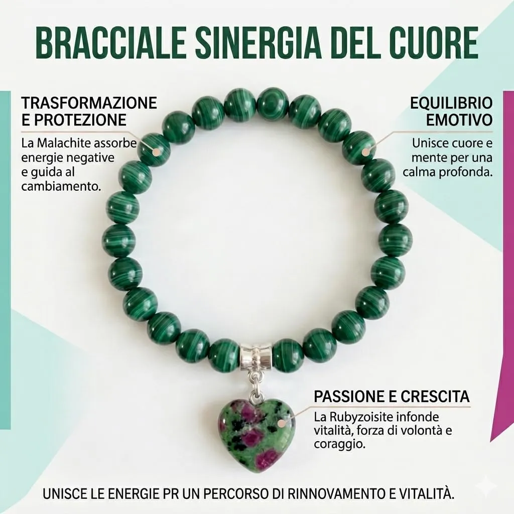 Bracciale con Pietre Naturali Vere e Ciondolo a Cuore, Energia Positiva, Armonia Interiore e Protezione Spirituale, Amore e Benessere (Malachite) - immagine 3