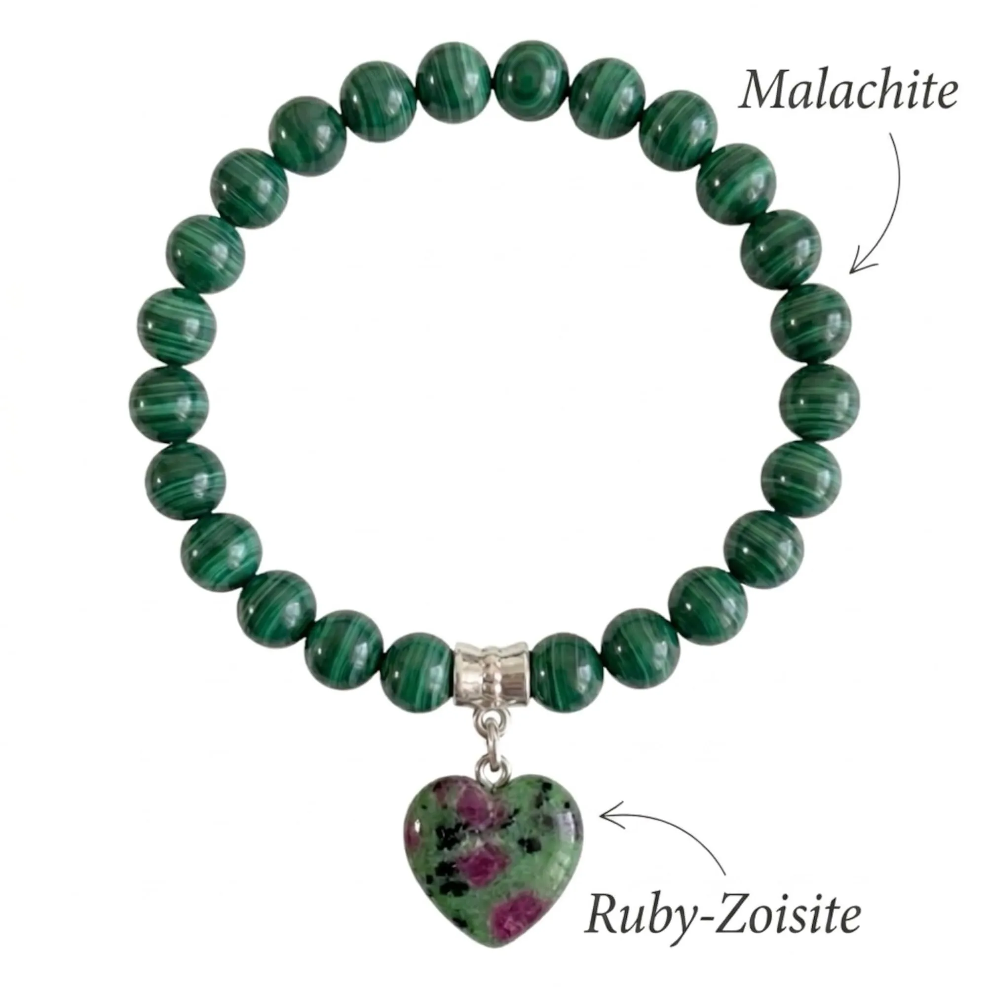 Bracciale con Pietre Naturali Vere e Ciondolo a Cuore, Energia Positiva, Armonia Interiore e Protezione Spirituale, Amore e Benessere (Malachite) - immagine 5