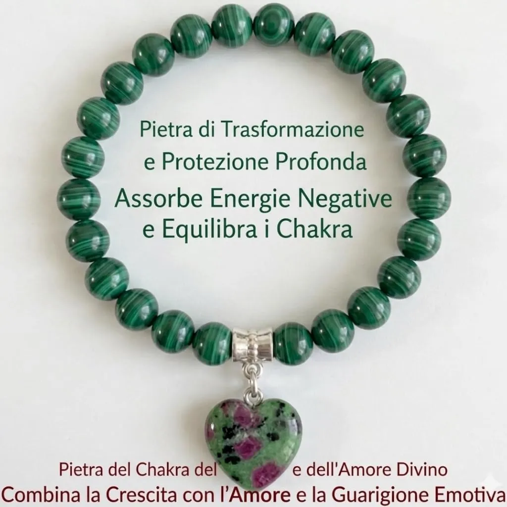 Bracciale con Pietre Naturali Vere e Ciondolo a Cuore, Energia Positiva, Armonia Interiore e Protezione Spirituale, Amore e Benessere (Malachite) - immagine 6