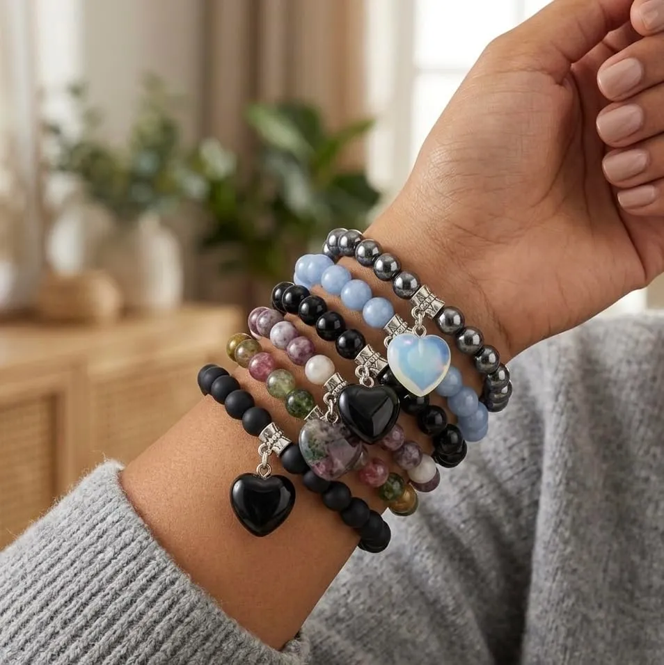 Bracciale con Pietre Naturali Vere e Ciondolo a Cuore, Energia Positiva, Armonia Interiore e Protezione Spirituale, Amore e Benessere (Tormalina Policroma) - immagine 4
