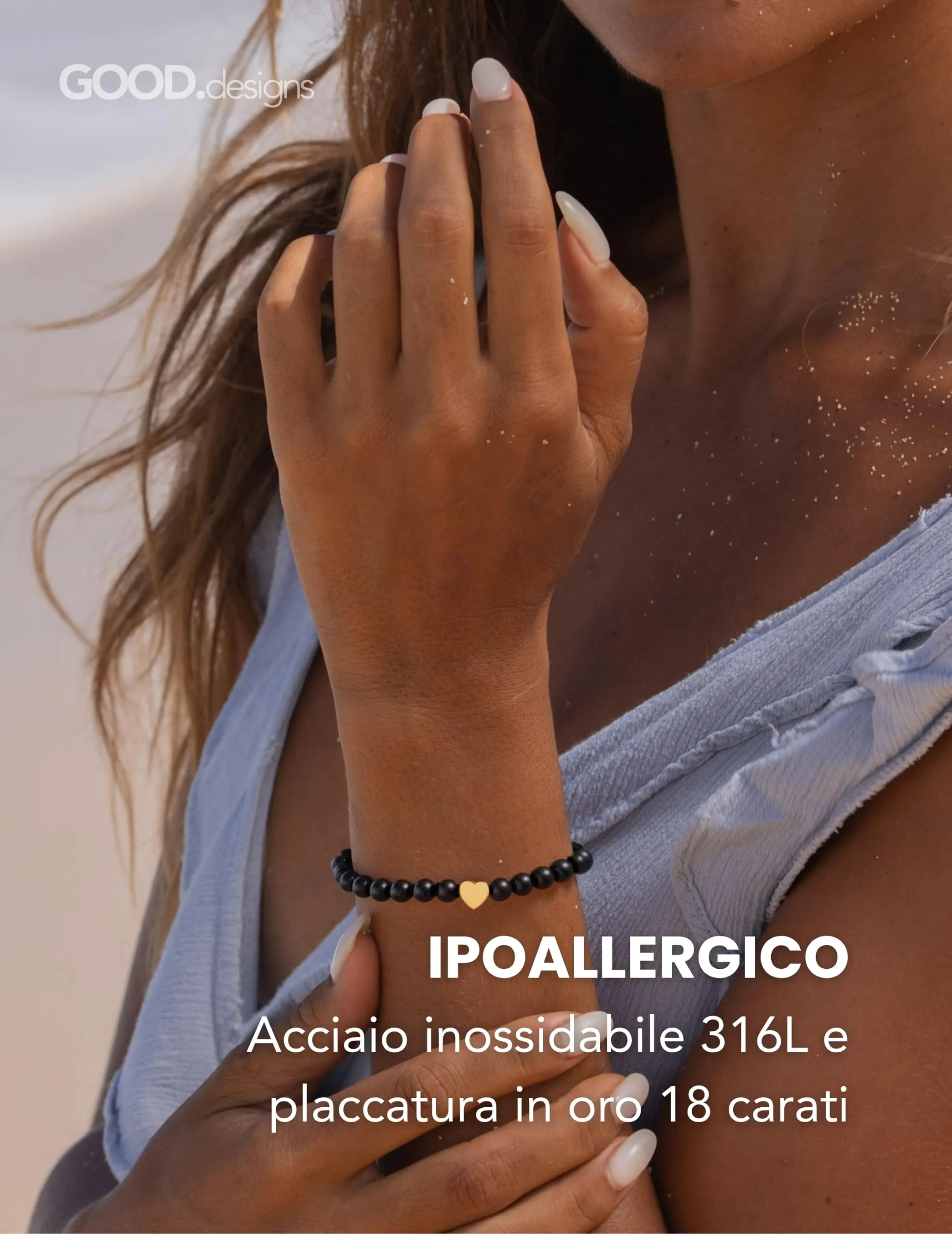 GD GOOD.designs Bracciale con Tormalina e Cuore in Acciaio Inox Placcato Oro 18K | Bracciale da Donna con Perle da 6 mm | Impermeabile | Elastico 15–19 cm | Sacchetto Portagioie Incluso - immagine 3