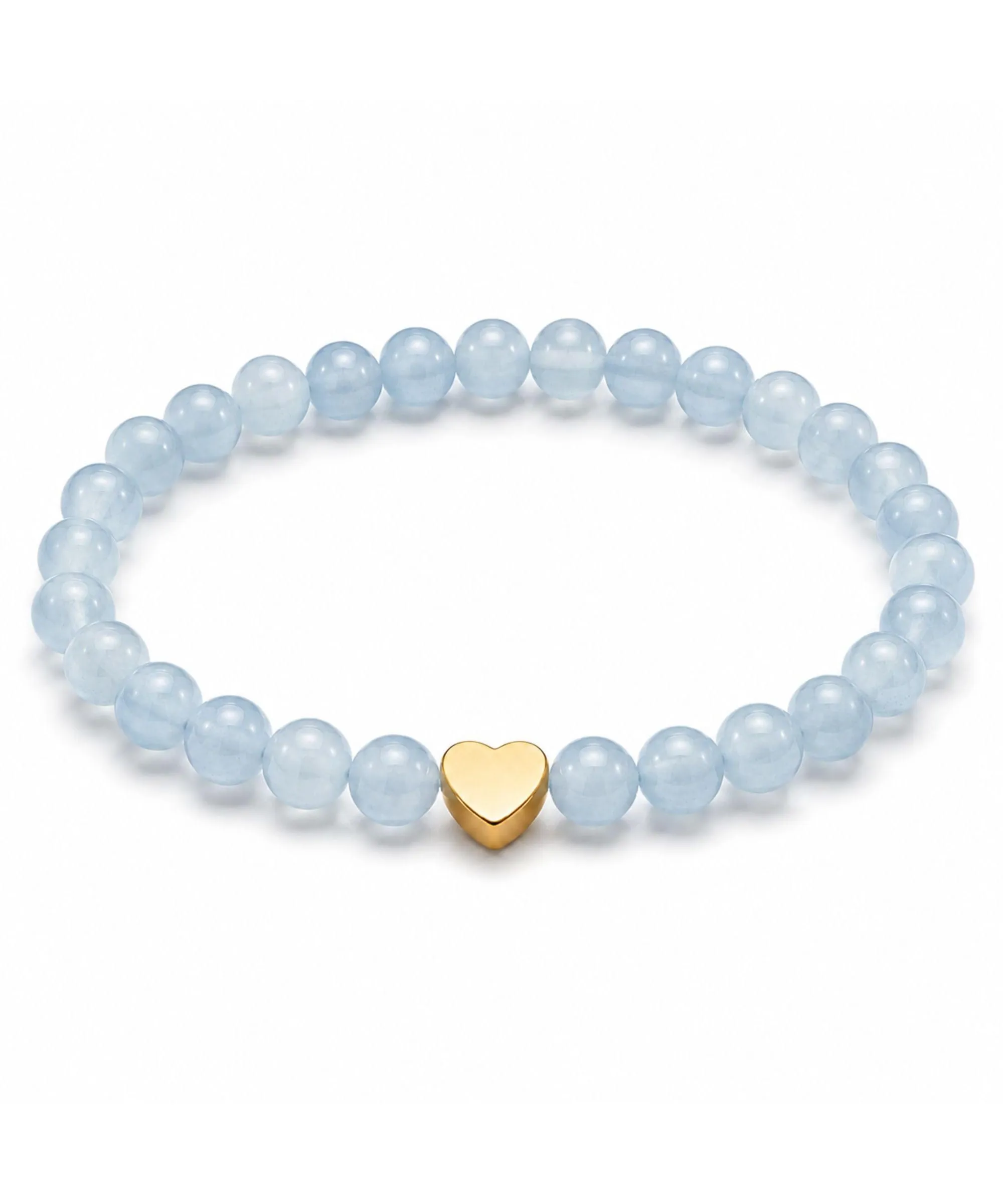 GD GOOD.designs Bracciale con Acquamarina e Cuore in Acciaio Inox Placcato Oro 18K | Bracciale da Donna con Perle da 6 mm | Impermeabile | Elastico 15–19 cm | Sacchetto Portagioie Incluso - immagine 1