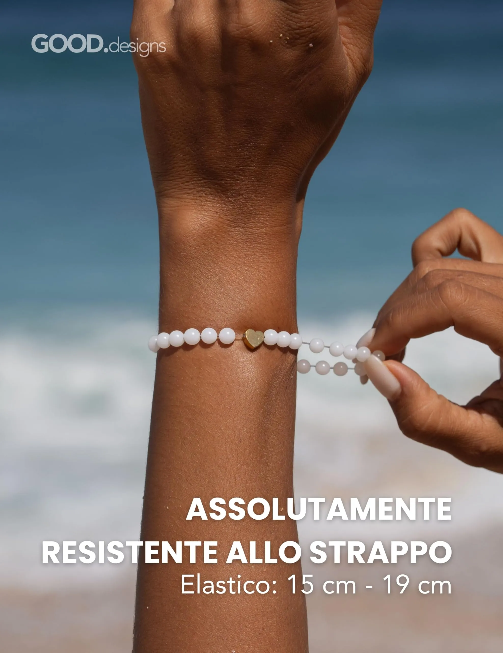 GD GOOD.designs Bracciale con Pietra di Luna e Cuore in Acciaio Inox Placcato Oro 18K | Bracciale da Donna con Perle da 6 mm | Impermeabile | Elastico 15–19 cm | Sacchetto Portagioie Incluso - immagine 4