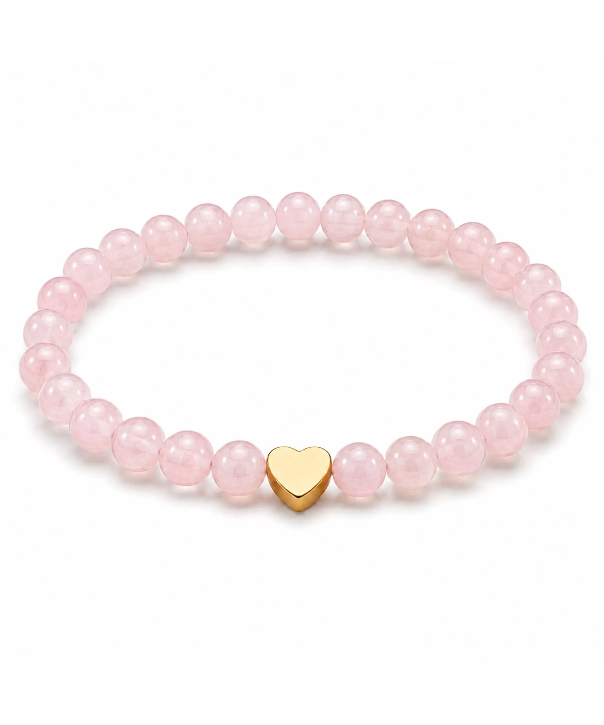 GD GOOD.designs Bracciale con Quarzo Rosa e Cuore in Acciaio Inox Placcato Oro 18K | Bracciale da Donna con Perle da 6 mm | Impermeabile | Elastico 15–19 cm | Sacchetto Portagioie Incluso - immagine 1