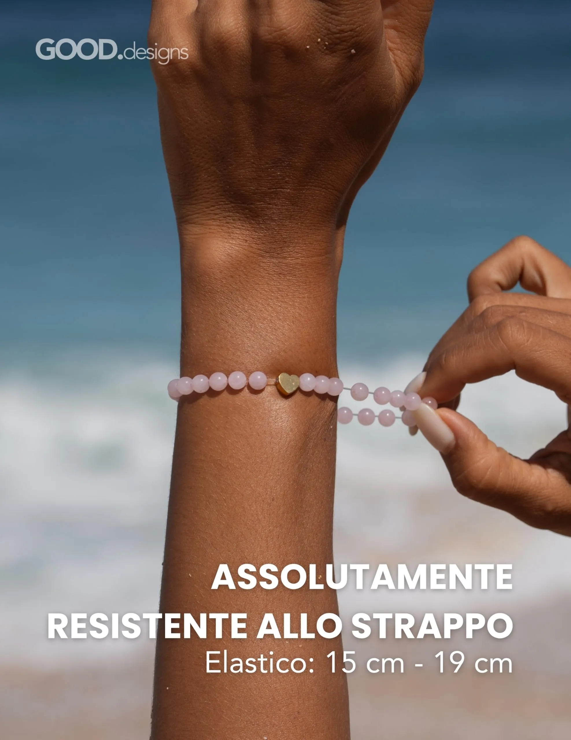 GD GOOD.designs Bracciale con Quarzo Rosa e Cuore in Acciaio Inox Placcato Oro 18K | Bracciale da Donna con Perle da 6 mm | Impermeabile | Elastico 15–19 cm | Sacchetto Portagioie Incluso - immagine 4