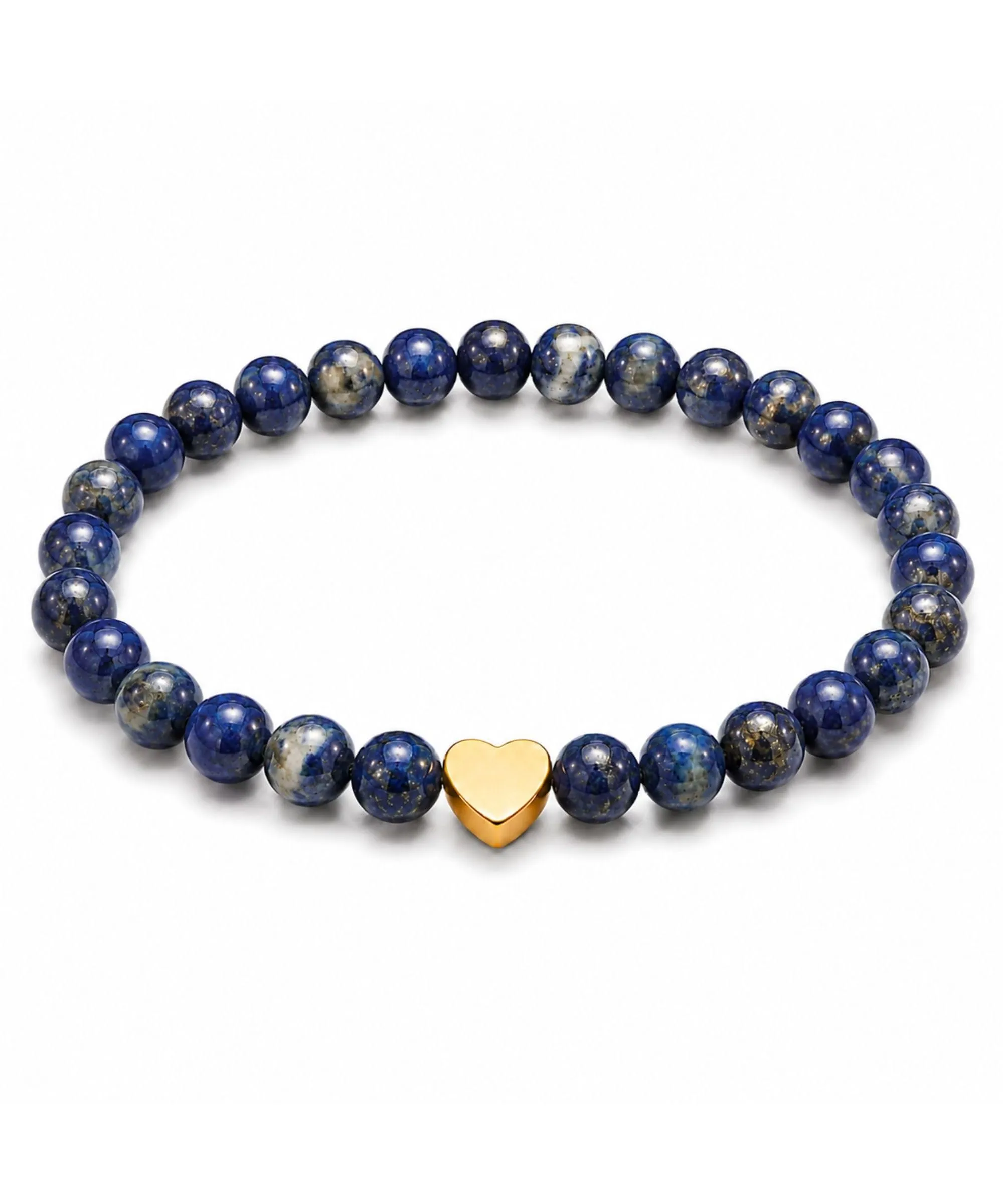 GD GOOD.designs Bracciale con Lapislazzuli e Cuore in Acciaio Inox Placcato Oro 18K | Bracciale da Donna con Perle da 6 mm | Impermeabile | Elastico 15–19 cm | Sacchetto Portagioie Incluso - immagine 1