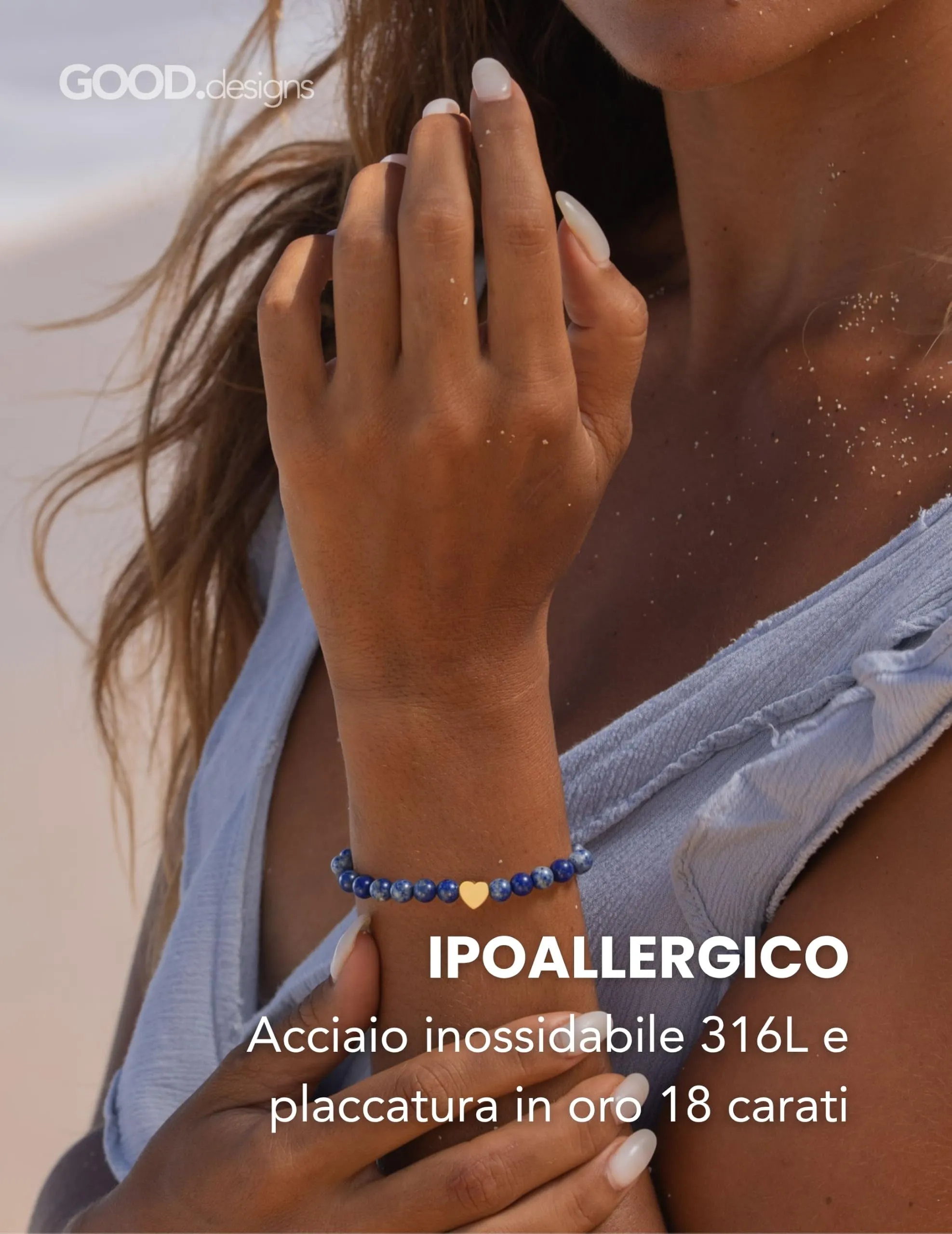 GD GOOD.designs Bracciale con Lapislazzuli e Cuore in Acciaio Inox Placcato Oro 18K | Bracciale da Donna con Perle da 6 mm | Impermeabile | Elastico 15–19 cm | Sacchetto Portagioie Incluso - immagine 3