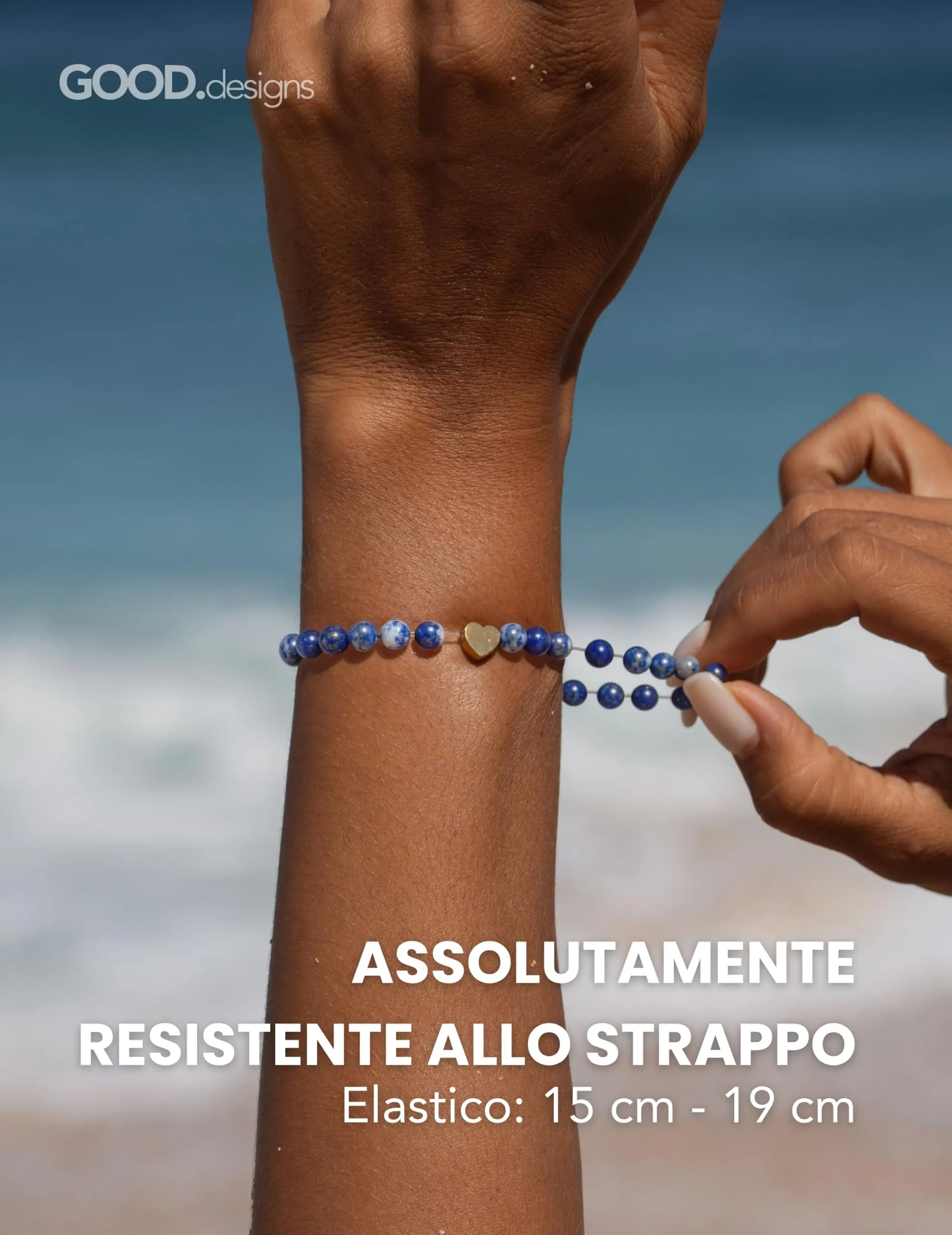 GD GOOD.designs Bracciale con Lapislazzuli e Cuore in Acciaio Inox Placcato Oro 18K | Bracciale da Donna con Perle da 6 mm | Impermeabile | Elastico 15–19 cm | Sacchetto Portagioie Incluso - immagine 4