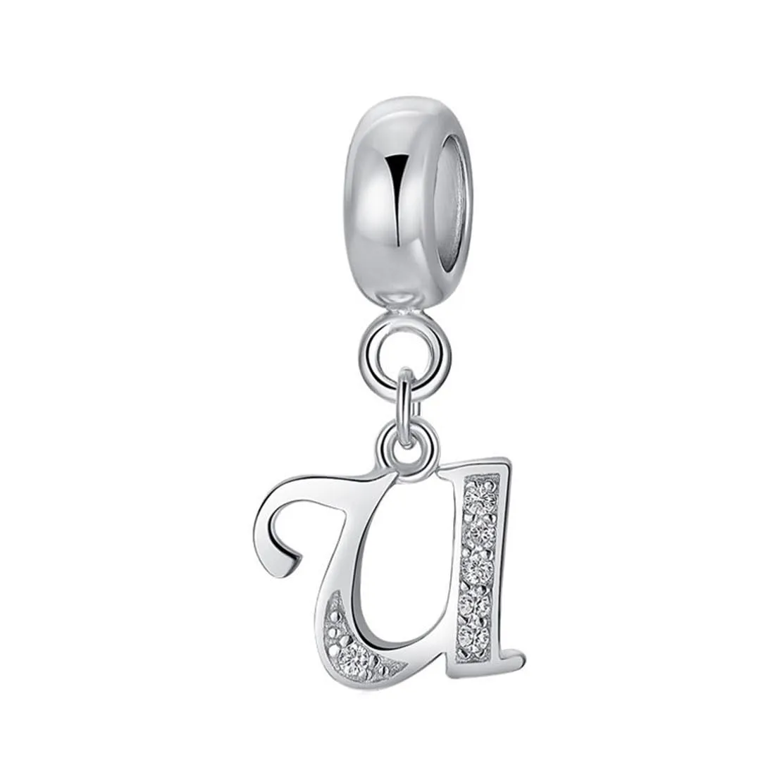 Charm in argento Sterling 925 con ciondolo a forma di lettera dell'alfabeto, utilizzabile come iniziale o per formare parole, compatibile con bracciali Pandora U - immagine 1