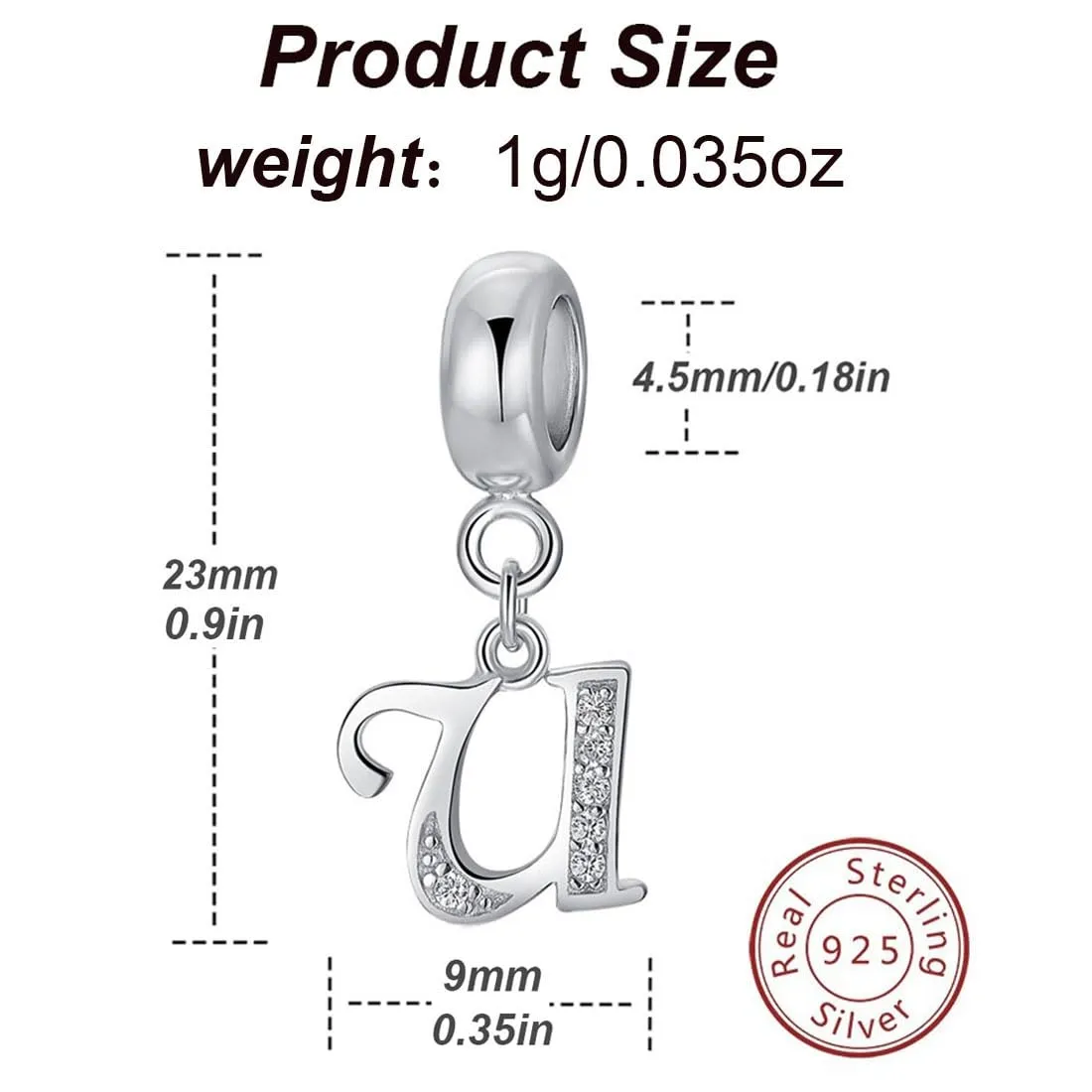Charm in argento Sterling 925 con ciondolo a forma di lettera dell'alfabeto, utilizzabile come iniziale o per formare parole, compatibile con bracciali Pandora U - immagine 2