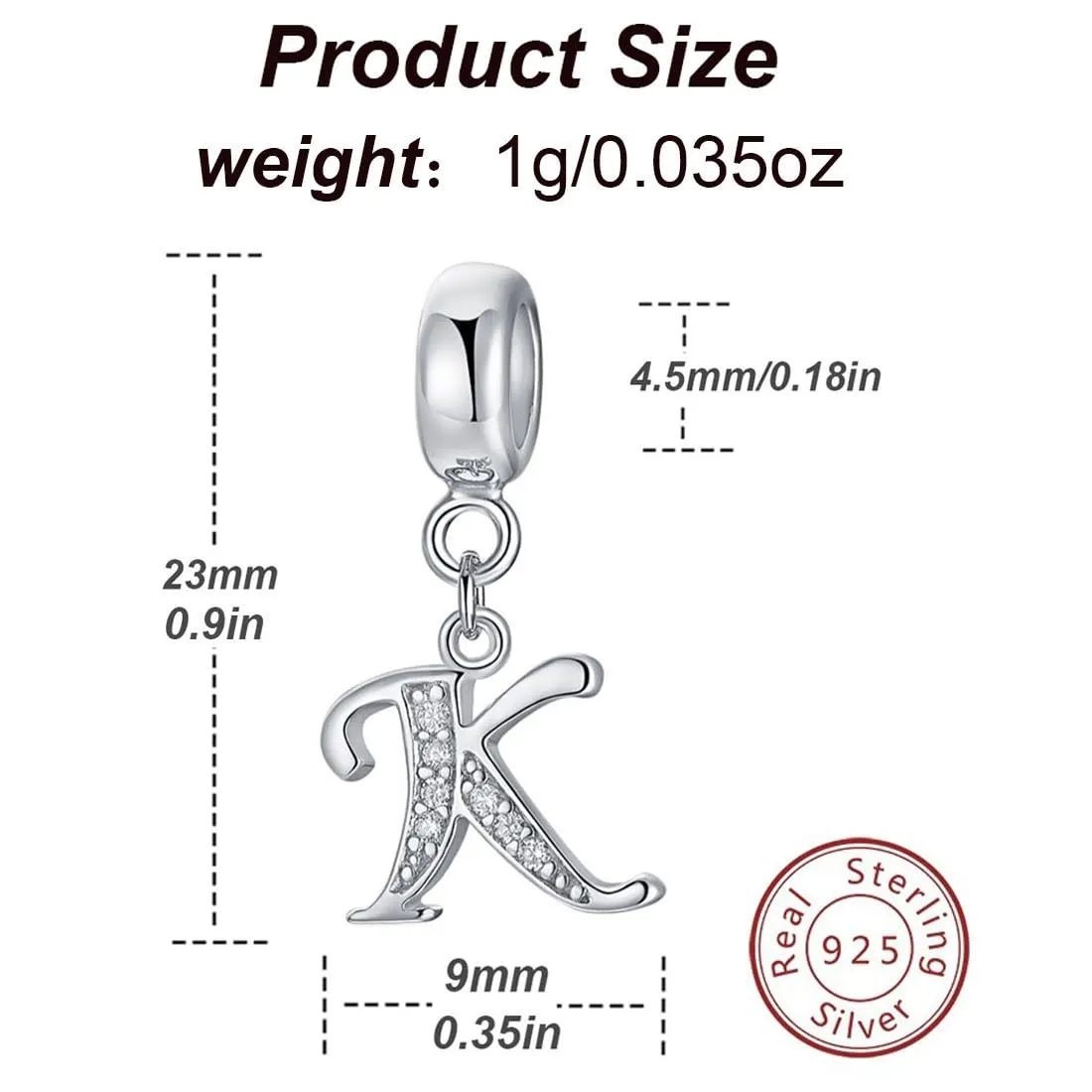 Charm in argento Sterling 925 con ciondolo a forma di lettera dell'alfabeto, utilizzabile come iniziale o per formare parole, compatibile con bracciali Pandora K - immagine 2