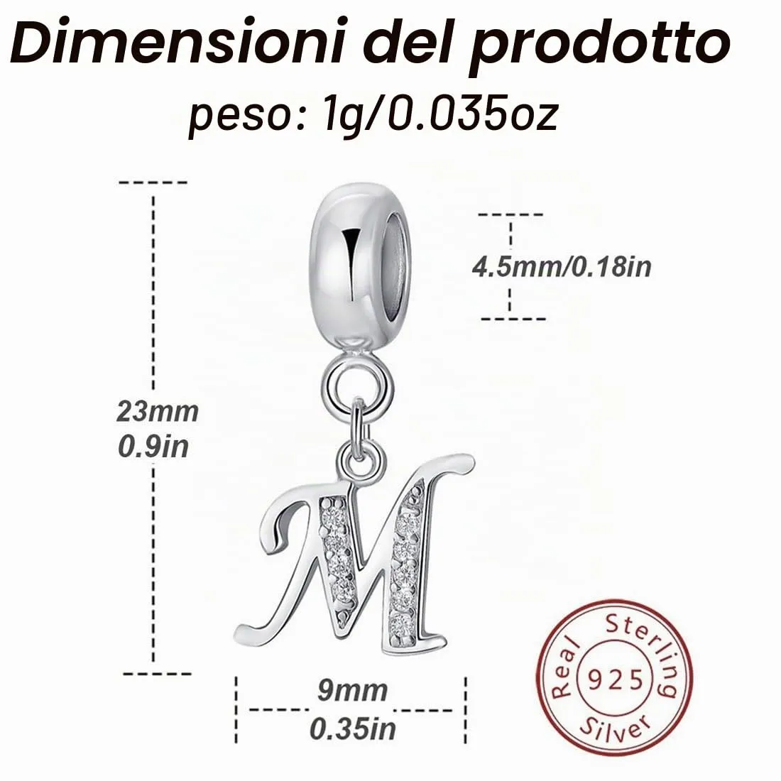 Charm in argento Sterling 925 con ciondolo a forma di lettera dell'alfabeto, utilizzabile come iniziale o per formare parole, compatibile con bracciali Pandora M - immagine 2