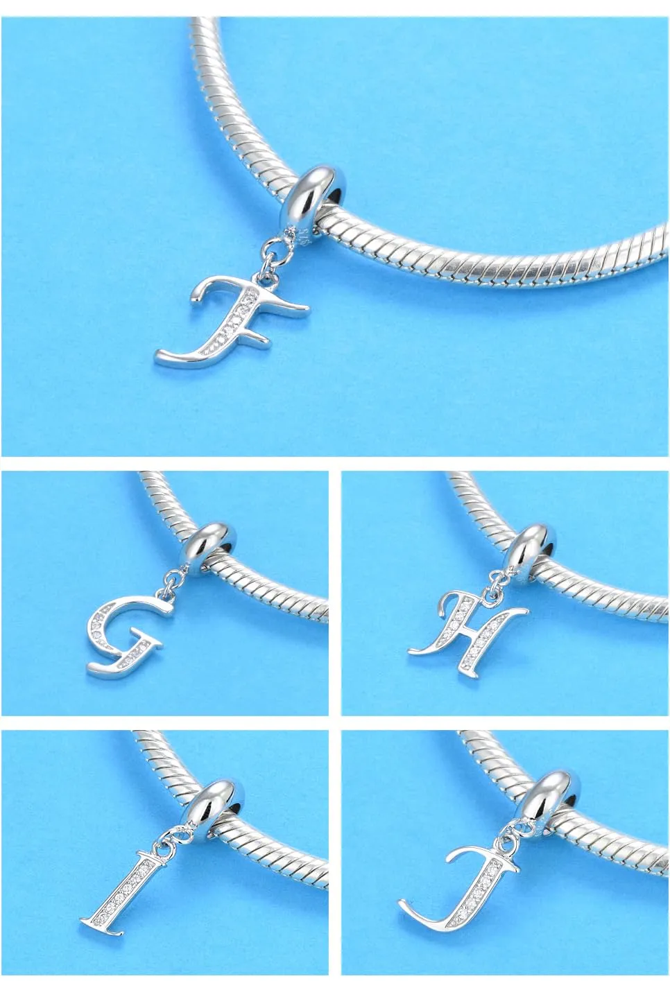 Charm in argento Sterling 925 con ciondolo a forma di lettera dell'alfabeto, utilizzabile come iniziale o per formare parole, compatibile con bracciali Pandora J - immagine 4