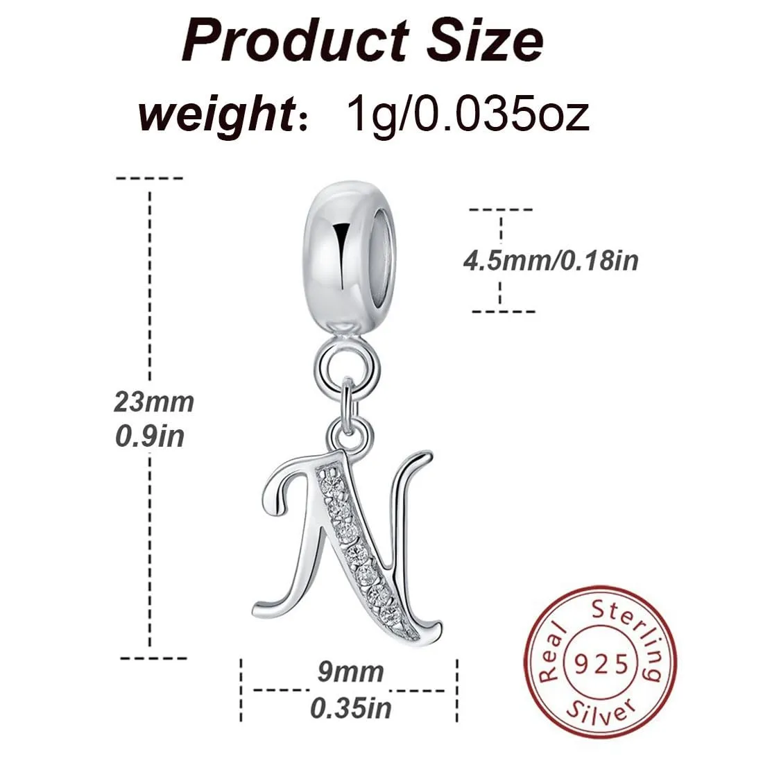 Charm in argento Sterling 925 con ciondolo a forma di lettera dell'alfabeto, utilizzabile come iniziale o per formare parole, compatibile con bracciali Pandora N - immagine 2