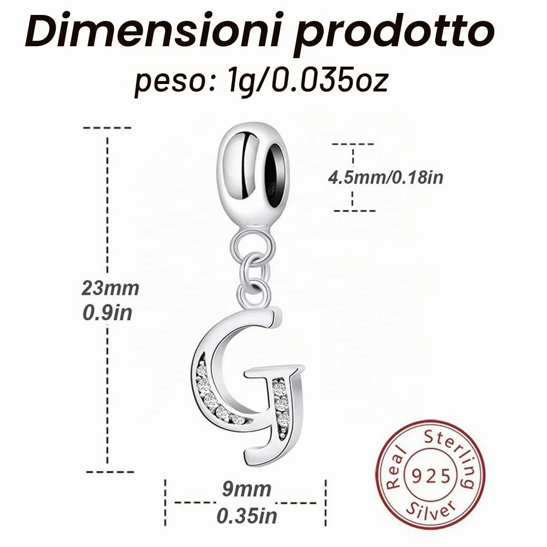 Charm in argento Sterling 925 con ciondolo a forma di lettera dell'alfabeto, utilizzabile come iniziale o per formare parole, compatibile con bracciali Pandora G - immagine 2