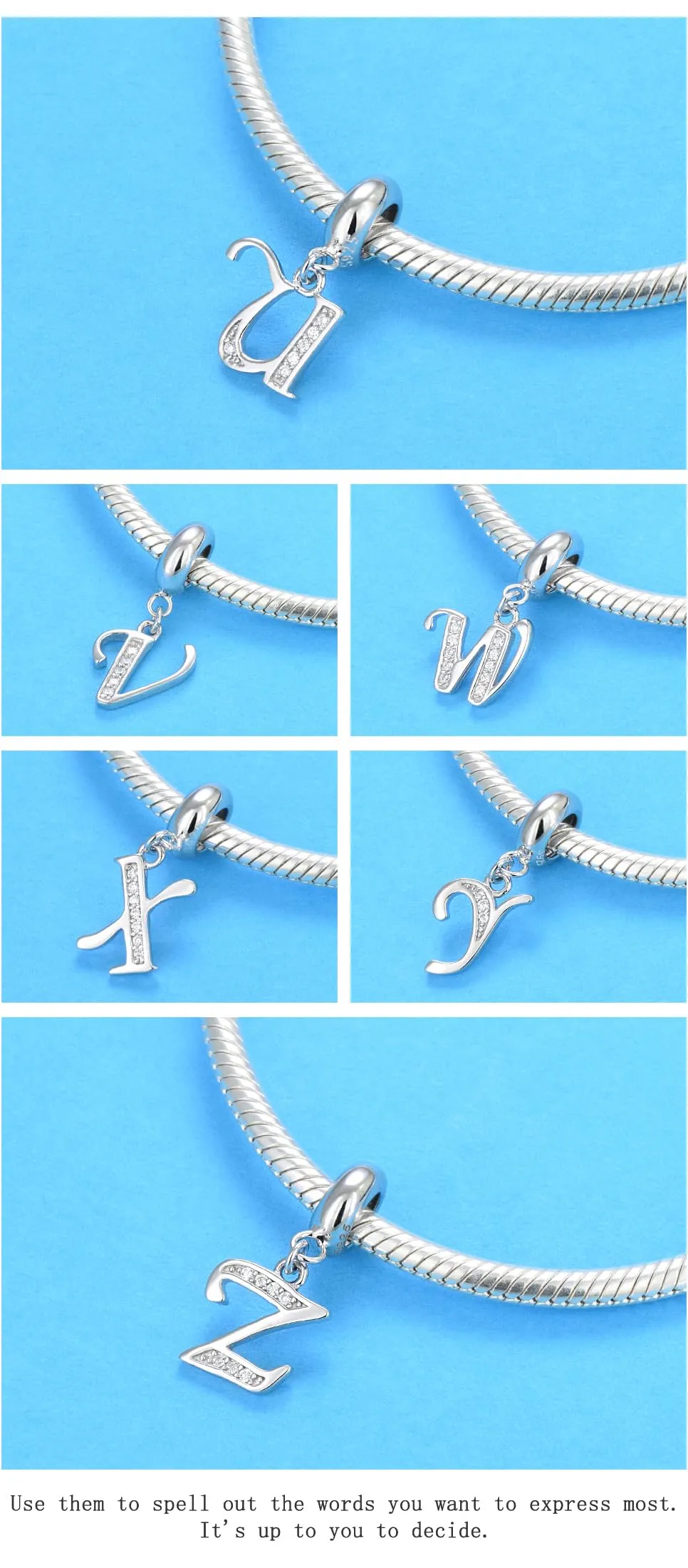 Charm in argento Sterling 925 con ciondolo a forma di lettera dell'alfabeto, utilizzabile come iniziale o per formare parole, compatibile con bracciali Pandora W - immagine 4