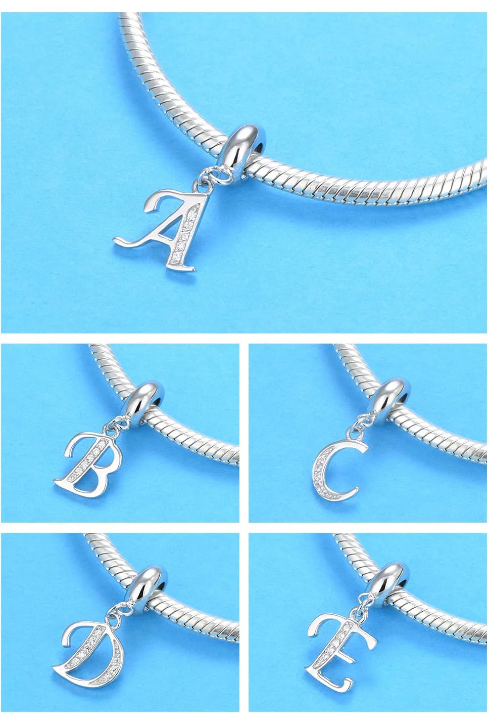Charm in argento Sterling 925 con ciondolo a forma di lettera dell'alfabeto, utilizzabile come iniziale o per formare parole, compatibile con bracciali Pandora C - immagine 4