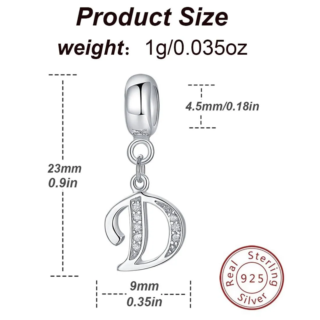 Charm in argento Sterling 925 con ciondolo a forma di lettera dell'alfabeto, utilizzabile come iniziale o per formare parole, compatibile con bracciali Pandora D - immagine 2
