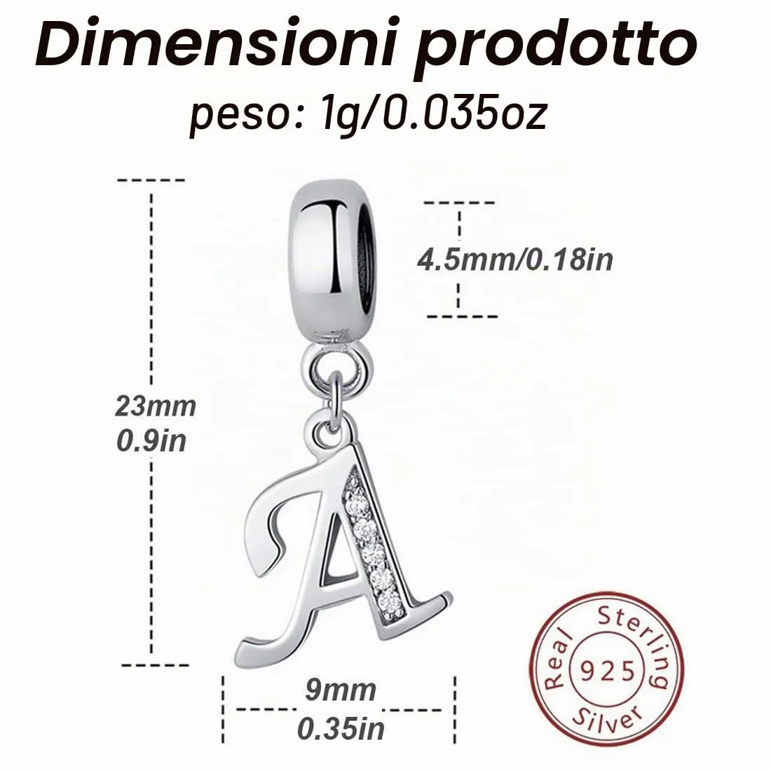Charm in argento Sterling 925 con ciondolo a forma di lettera dell'alfabeto, utilizzabile come iniziale o per formare parole, compatibile con bracciali Pandora A - immagine 2