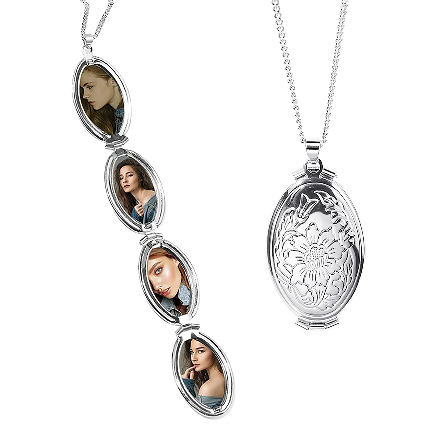 TOFBS Collana da Donna Medaglione Ciondolo Apribile Locket Portafoto Pendente in Acciaio Inox Rotondo Vintage Collana di Foto Argento Regalo per Ragazze Donne (Argento*4 foto) - immagine 1