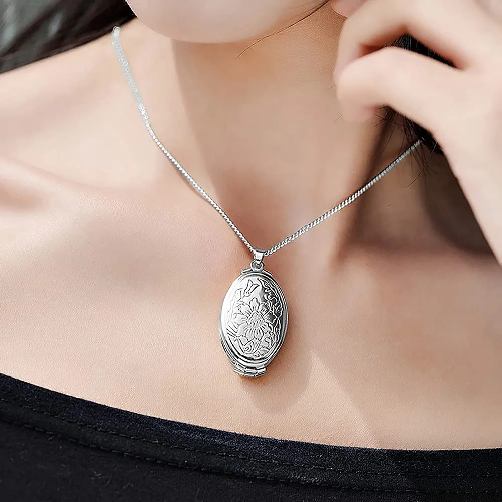TOFBS Collana da Donna Medaglione Ciondolo Apribile Locket Portafoto Pendente in Acciaio Inox Rotondo Vintage Collana di Foto Argento Regalo per Ragazze Donne (Argento*4 foto) - immagine 4