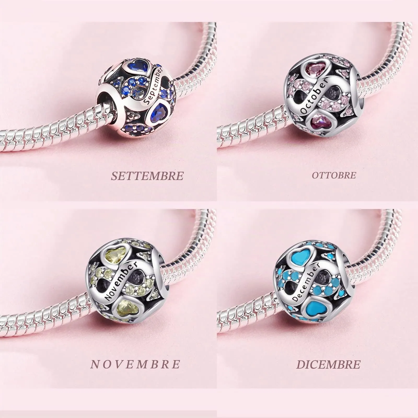 LNQOBU Charms di Pietra di Nascita per Braccialetti Europei Collana,925 Argento Sterling Openwork Ciondolo Regali di Compleanno per le Donne(Fornito con una Perlina) - immagine 4
