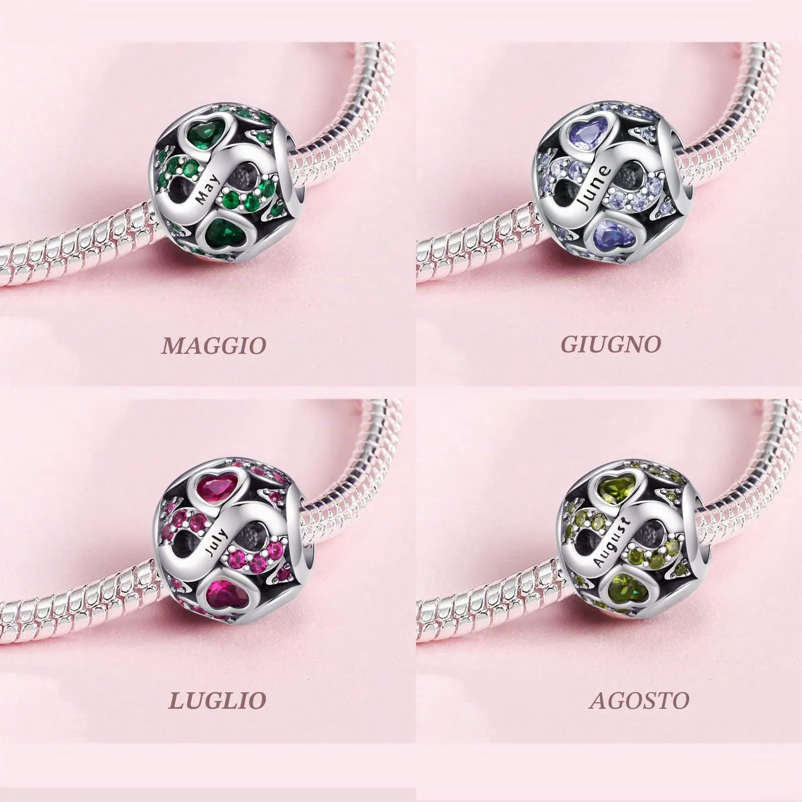 LNQOBU Charms di Pietra di Nascita per Braccialetti Europei Collana,925 Argento Sterling Openwork Ciondolo Regali di Compleanno per le Donne(Fornito con una Perlina) - immagine 5