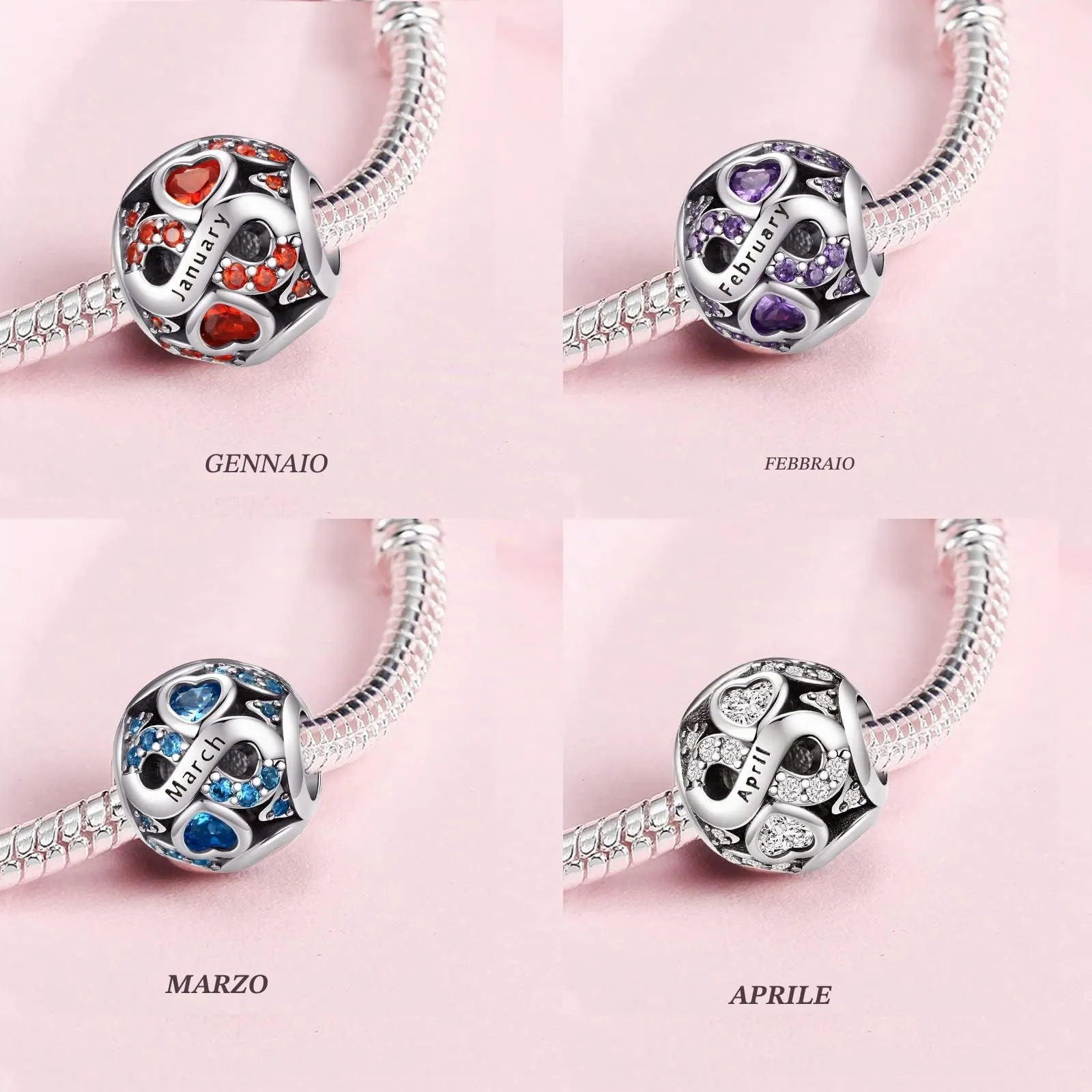 LNQOBU Charms di Pietra di Nascita per Braccialetti Europei Collana，925 Argento Sterling Openwork Ciondolo Regali di Compleanno per le Donne（Fornito con una Perlina） - immagine 3