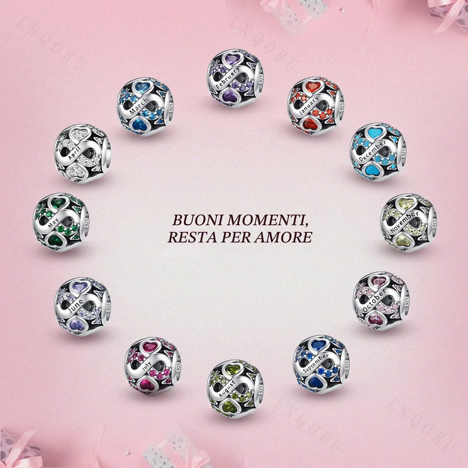 LNQOBU Charms di Pietra di Nascita per Braccialetti Europei Collana，925 Argento Sterling Openwork Ciondolo Regali di Compleanno per le Donne（Fornito con una Perlina） - immagine 5