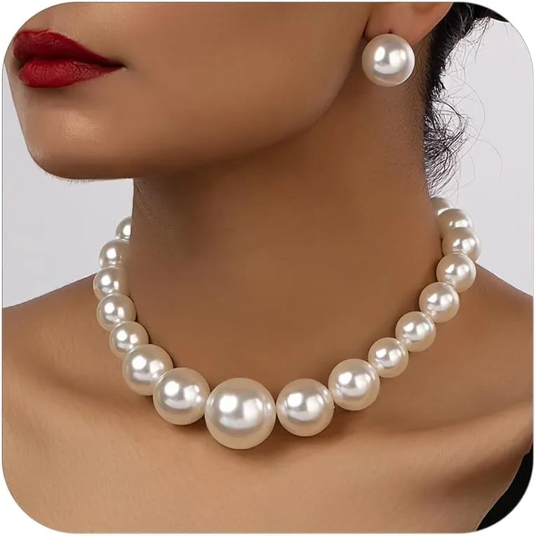 Collana di Perle da Donna, Girocollo Vintage Con Perle Bianche Grandi, Corta Rotonda di Imitazione per Donne e Ragazze - immagine 2