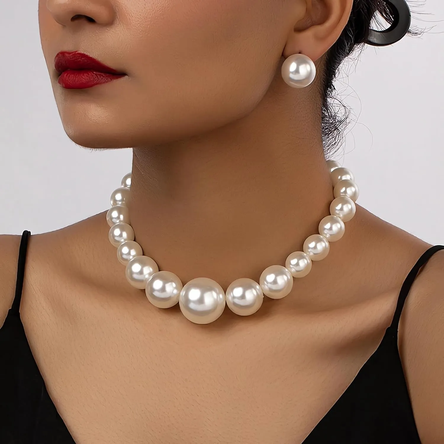 Collana di Perle da Donna, Girocollo Vintage Con Perle Bianche Grandi, Corta Rotonda di Imitazione per Donne e Ragazze - immagine 3