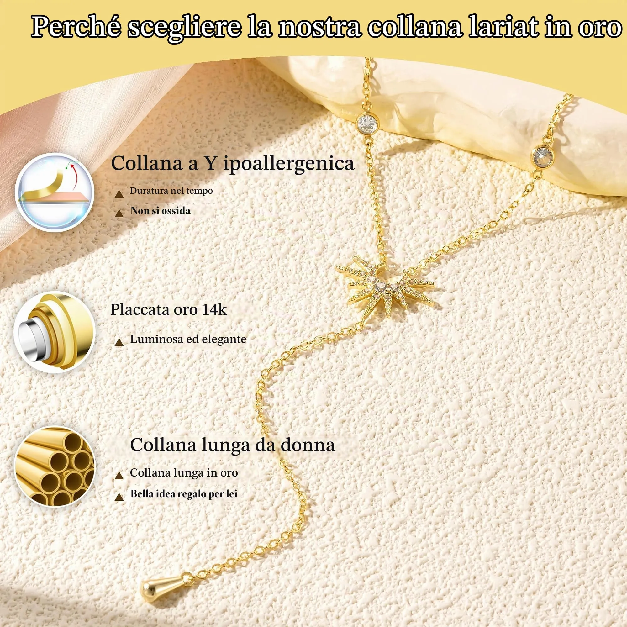 RIXERKOC Collana lunga a Y per Donna, Collane Lariat placcata in oro 14k con Pendente a forma di Sole Collana a Y in cristallo Dorato Gioiello Regalo per Donne e Ragazze (Oro) - immagine 8