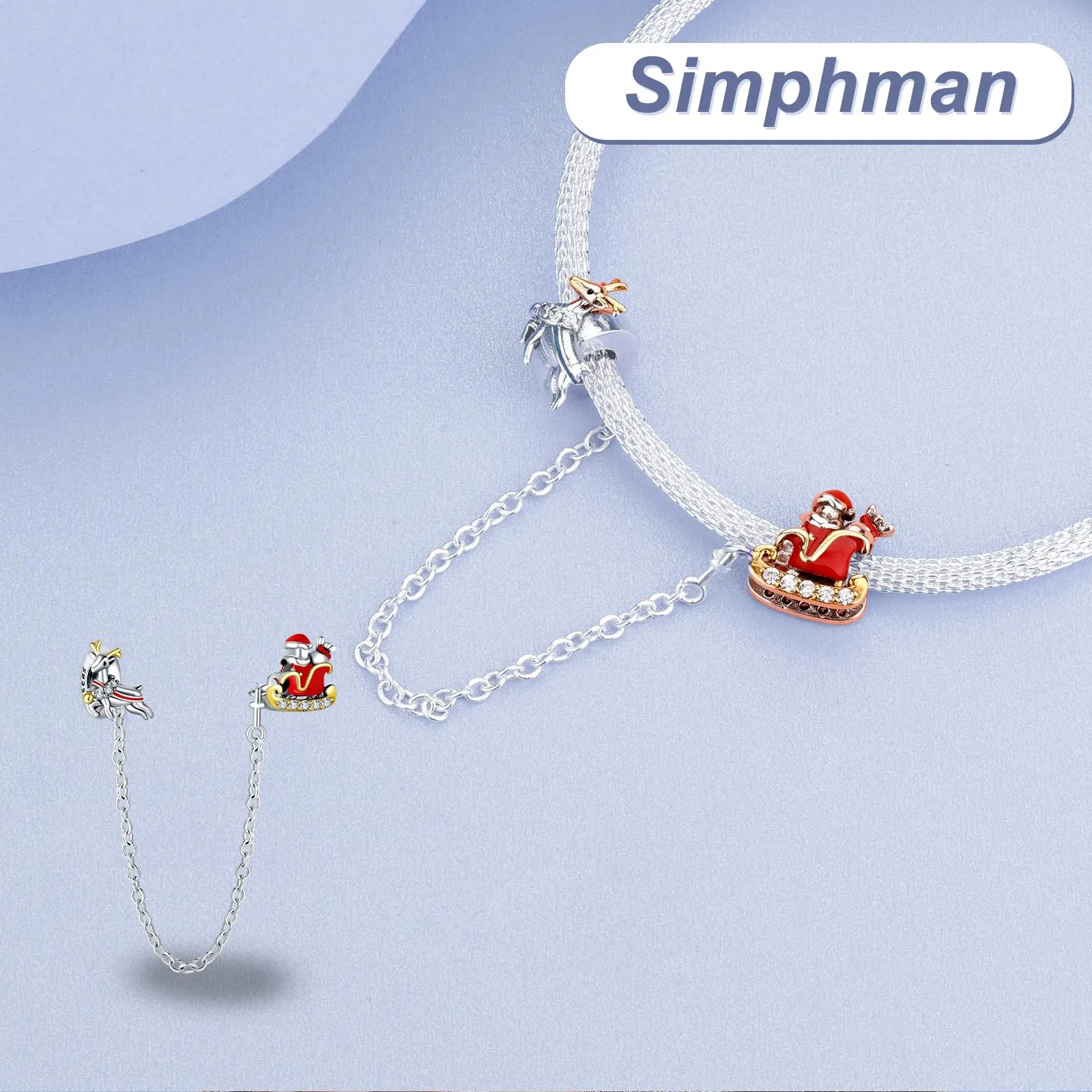 Simphman 925 Sterling Silver Charms Dangles per braccialetti e collana Catena di sicurezza con Babbo Natale e renna Gioielli regalo per le donne ragazza famiglia amica - immagine 3