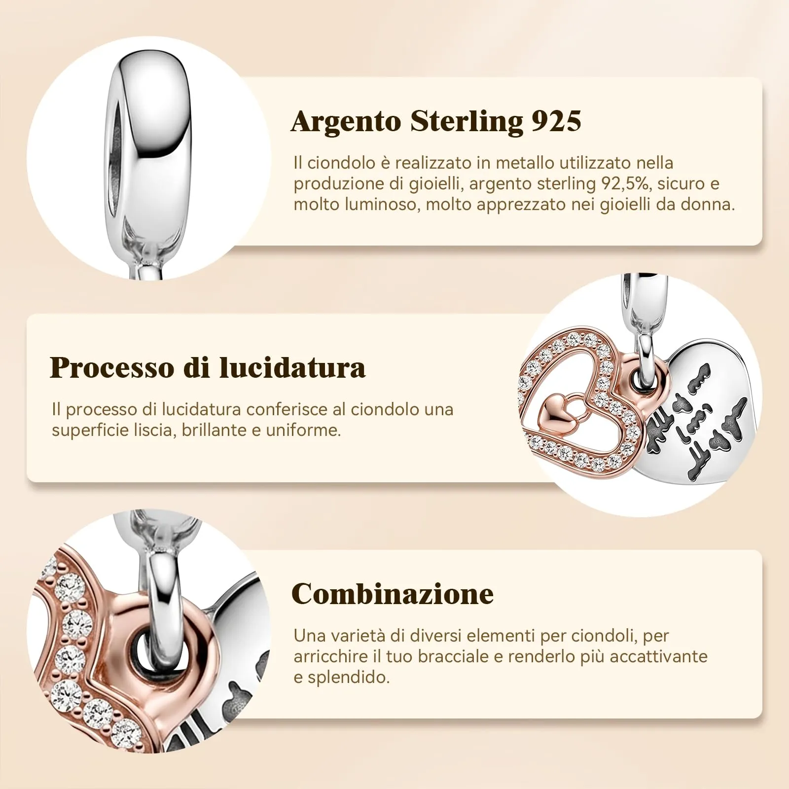 Ciondoli per Collane Argento 925 per Donna Charms per Bracciali in Oro Rosa - immagine 6