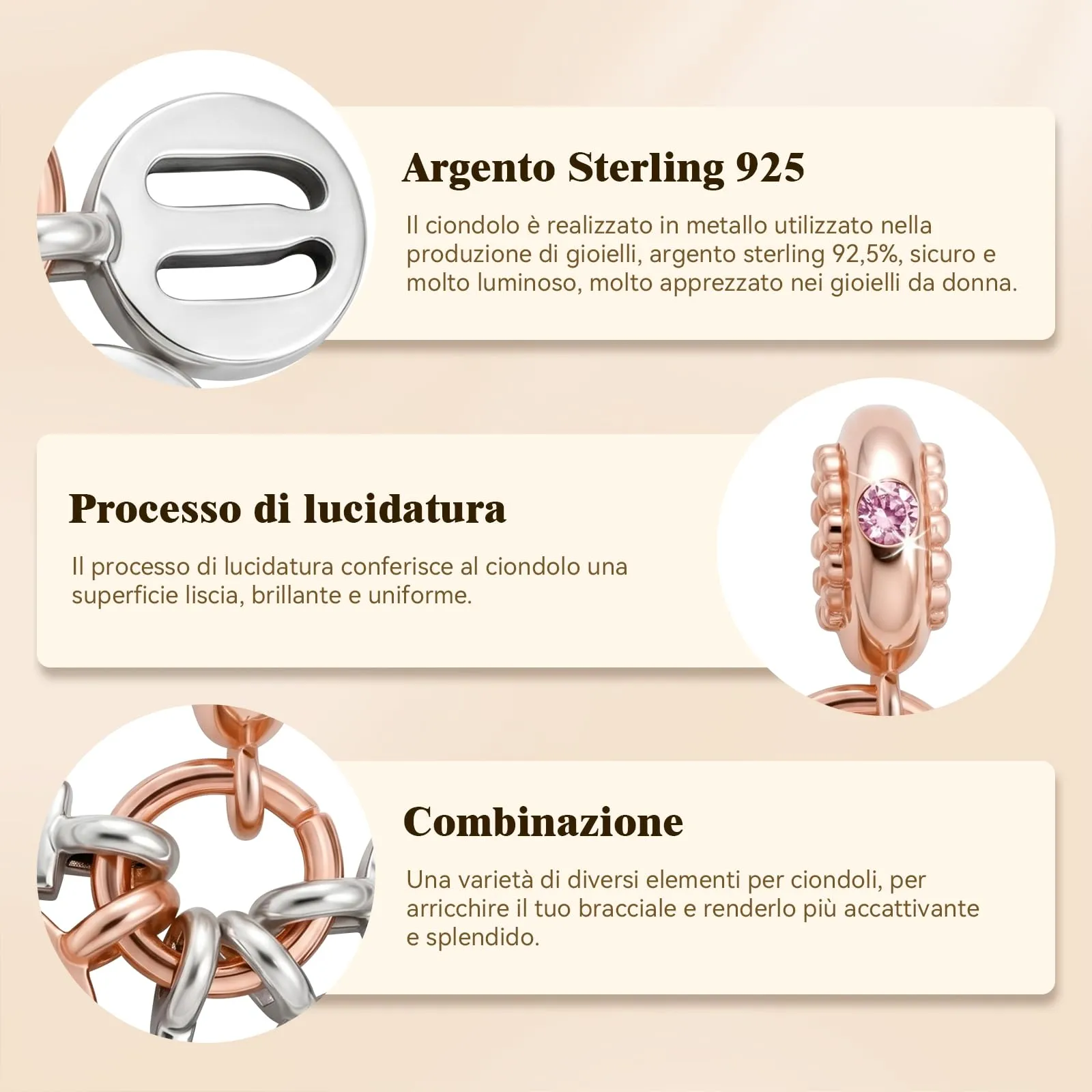 Ciondoli per Collane Argento 925 per Donna Charms per Bracciali in Oro Rosa - immagine 6