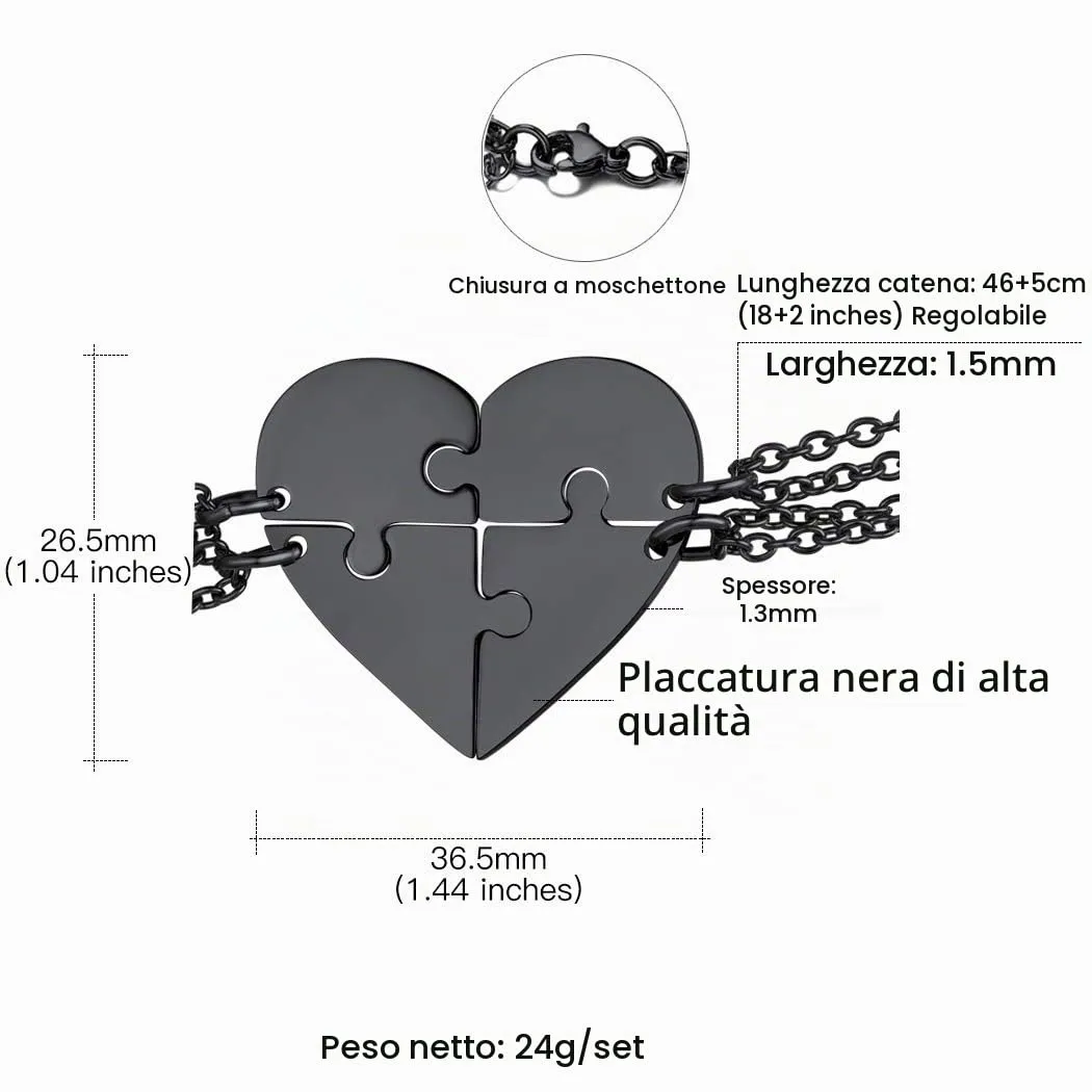 Suplight Collana Donna Personalizzata a Cuore Divisio con Nome in 4 pezzi collana nera donna Acciaio Inossidabile Collana Puzzle collana amica famiglia personalizzata Regalo Natale San Valentino - immagine 6