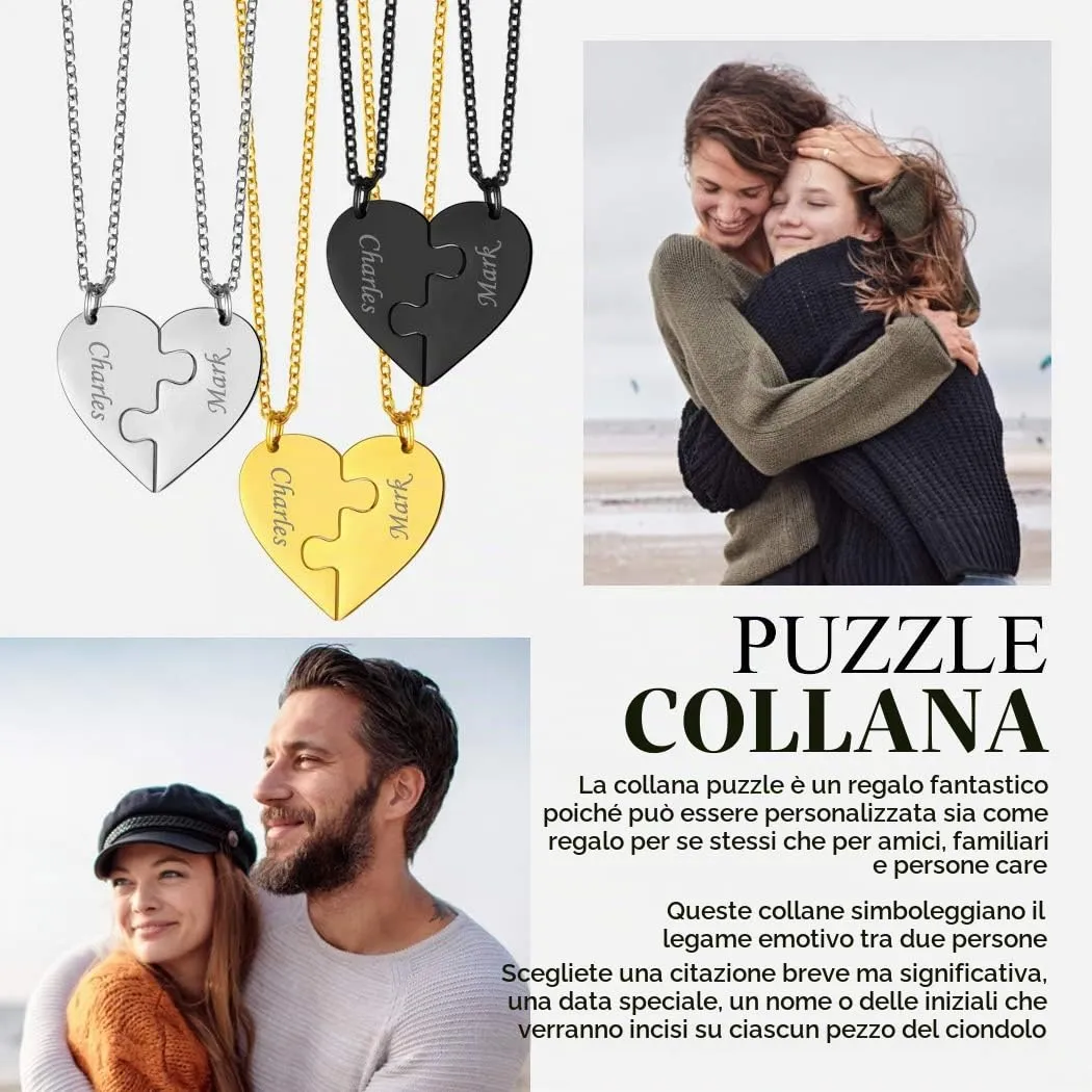 Suplight Collana Donna Personalizzata a Cuore Divisio con Nome in 2 pezzi collana nera donna Acciaio Inossidabile Collana Puzzle collana coppia personalizzata Regalo Natale San Valentino - immagine 3