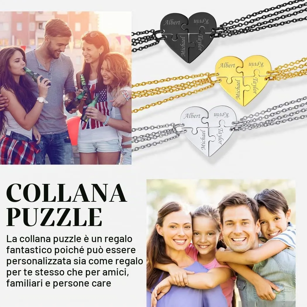 Suplight Collana Donna Personalizzata a Cuore Divisio con Nome in 4 pezzi collana donna Acciaio Inossidabile Collana Puzzle collana amica famiglia personalizzata Regalo Natale San Valentino - immagine 3