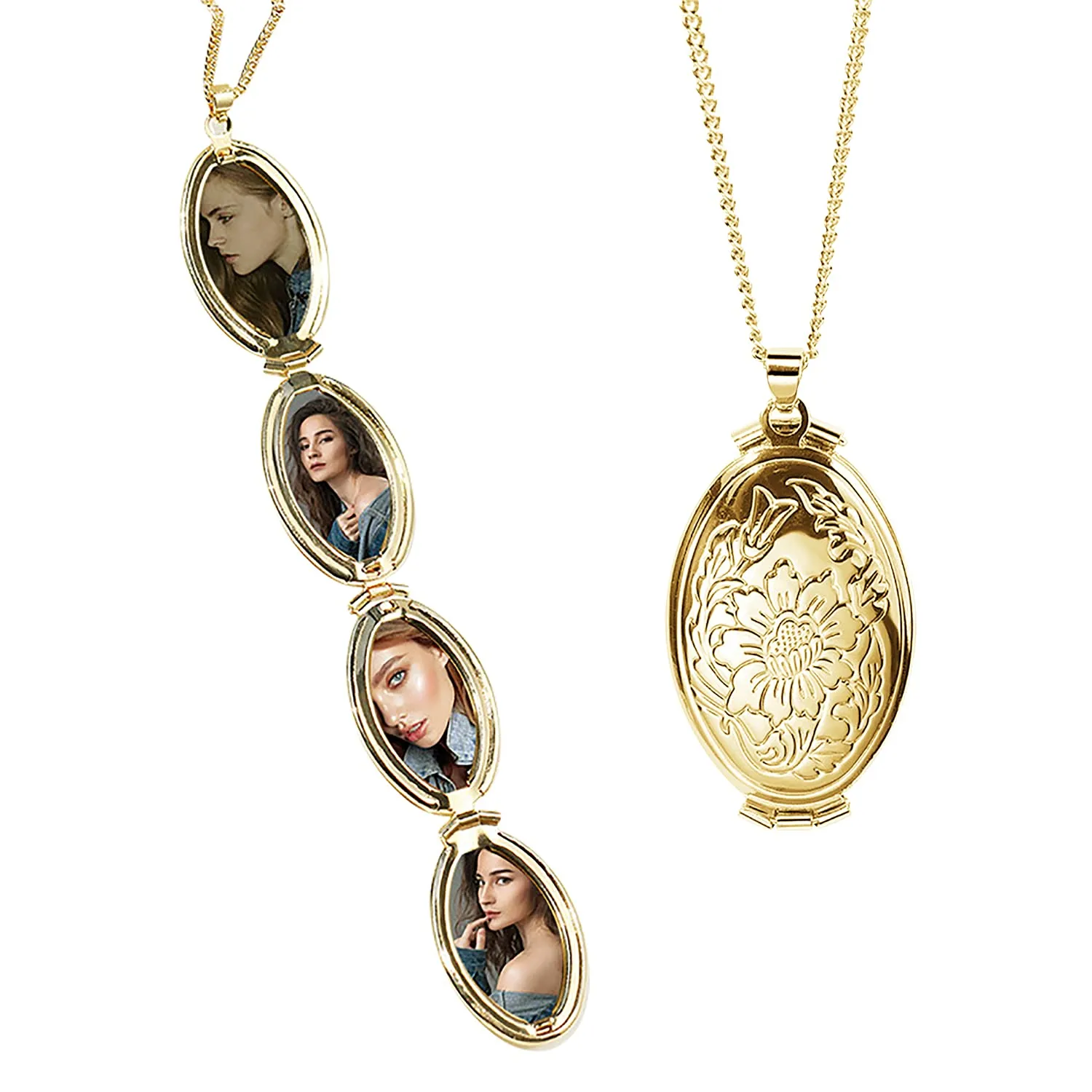 TOFBS Collana da Donna Medaglione Ciondolo Apribile Locket Portafoto Pendente in Acciaio Inox Rotondo Vintage Collana di Foto Argento Regalo per Ragazze Donne (Oro*4 foto) - immagine 1