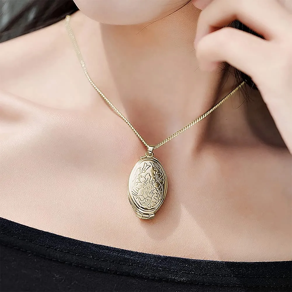 TOFBS Collana da Donna Medaglione Ciondolo Apribile Locket Portafoto Pendente in Acciaio Inox Rotondo Vintage Collana di Foto Argento Regalo per Ragazze Donne (Oro*4 foto) - immagine 4