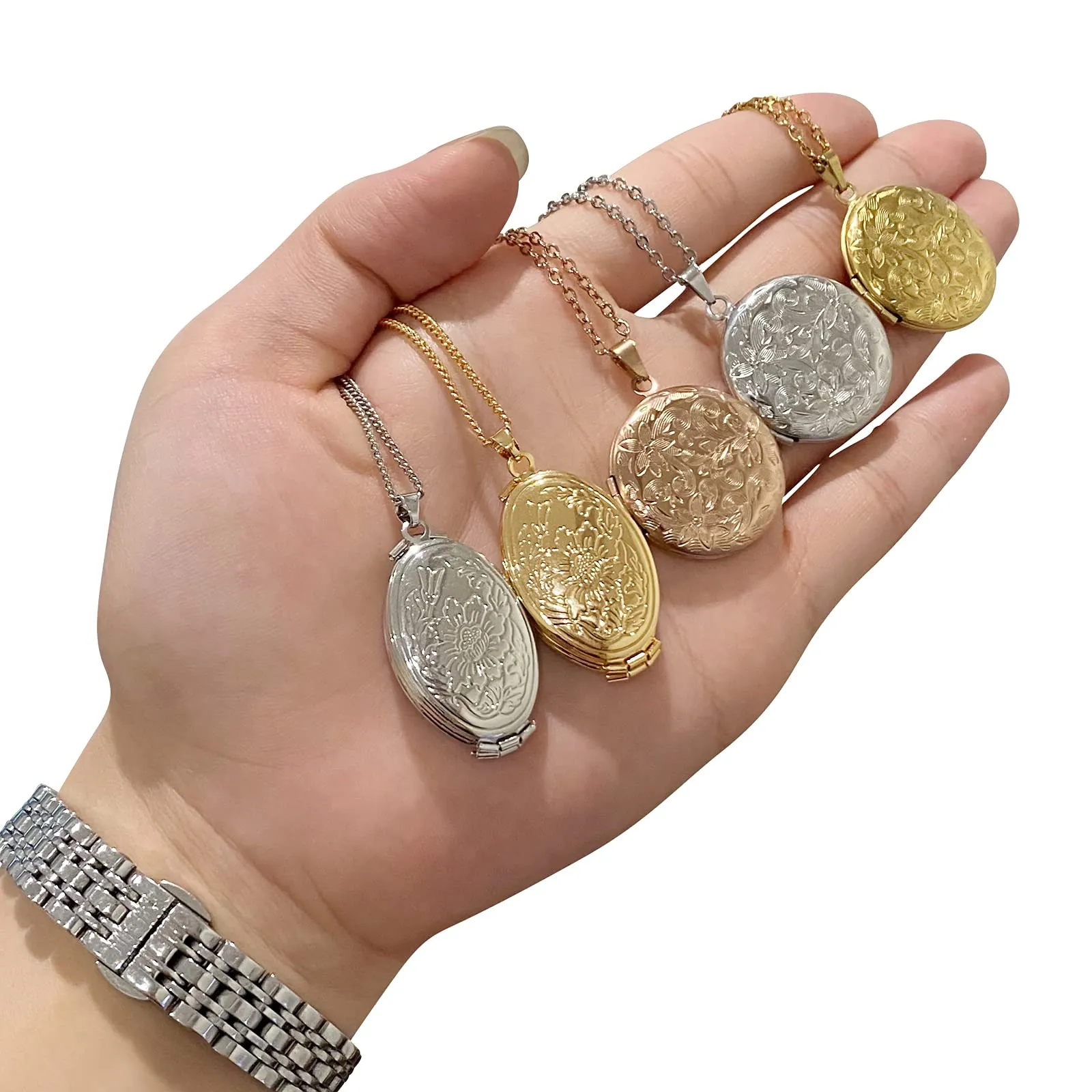 TOFBS Collana da Donna Medaglione Ciondolo Apribile Locket Portafoto Pendente in Acciaio Inox Rotondo Vintage Collana di Foto Argento Regalo per Ragazze Donne (Oro*4 foto) - immagine 7