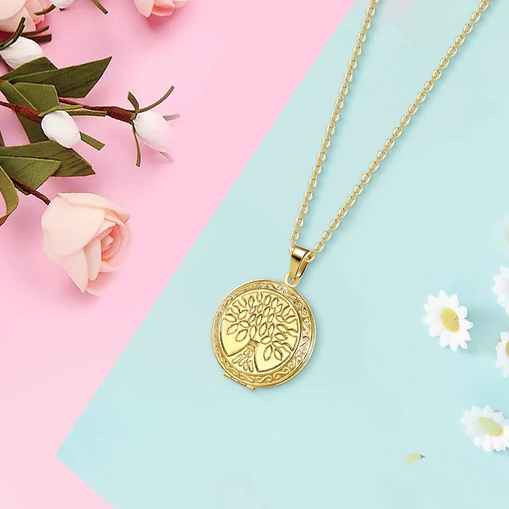 TOFBS Collana da Donna Medaglione Ciondolo Apribile Locket Portafoto Pendente in Acciaio Inox Rotondo Vintage Collana di Foto Argento Regalo per Ragazze Donne (Oro*Albero della vita) - immagine 2
