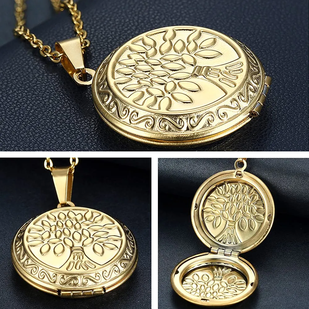 TOFBS Collana da Donna Medaglione Ciondolo Apribile Locket Portafoto Pendente in Acciaio Inox Rotondo Vintage Collana di Foto Argento Regalo per Ragazze Donne (Oro*Albero della vita) - immagine 5