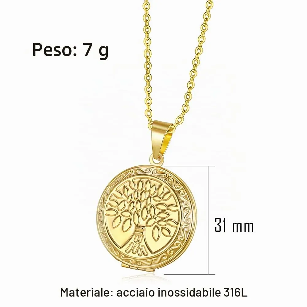 TOFBS Collana da Donna Medaglione Ciondolo Apribile Locket Portafoto Pendente in Acciaio Inox Rotondo Vintage Collana di Foto Argento Regalo per Ragazze Donne (Oro*Albero della vita) - immagine 7