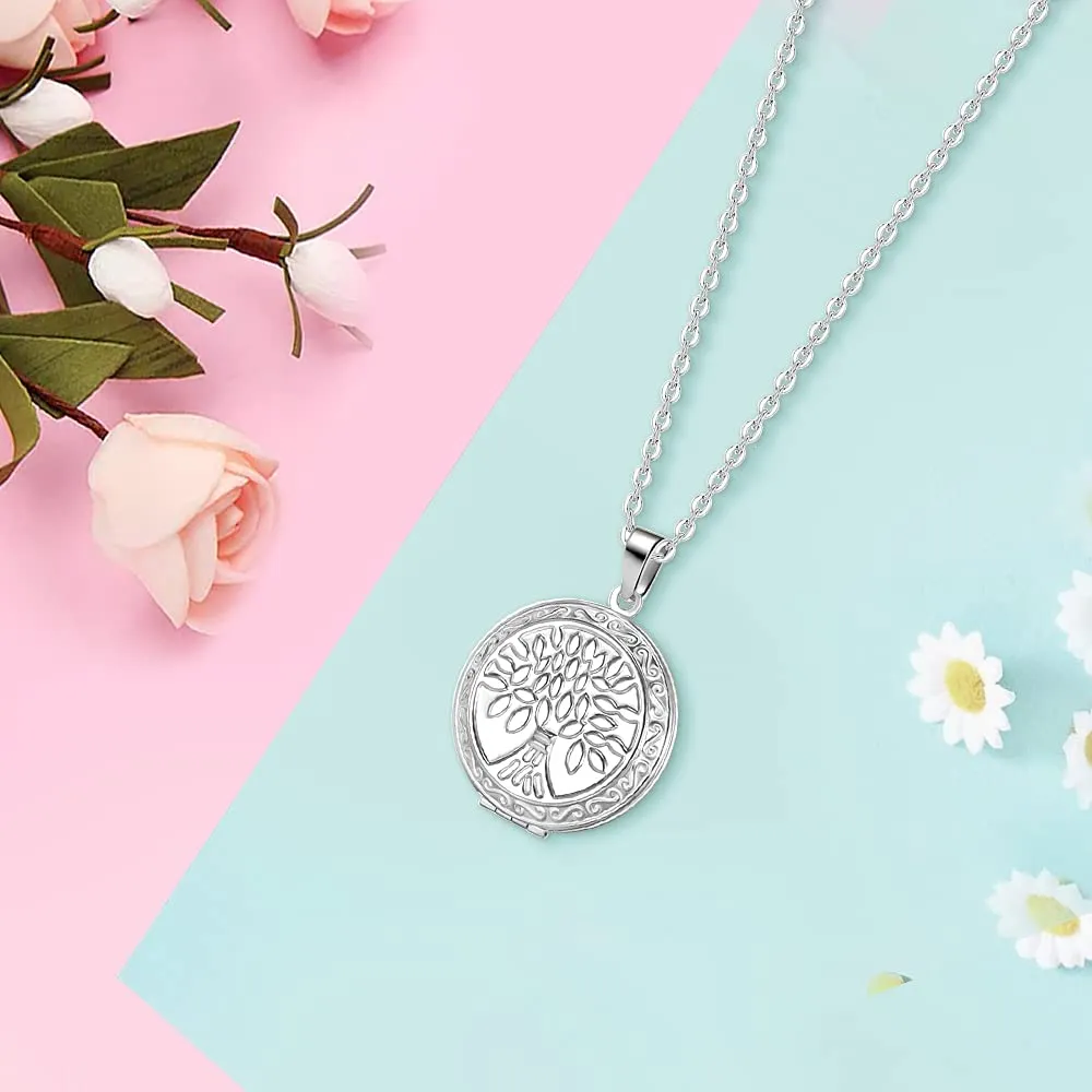 TOFBS Collana da Donna Medaglione Ciondolo Apribile Locket Portafoto Pendente in Acciaio Inox Rotondo Vintage Collana di Foto Argento Regalo per Ragazze Donne (Argento*Albero della vita) - immagine 2