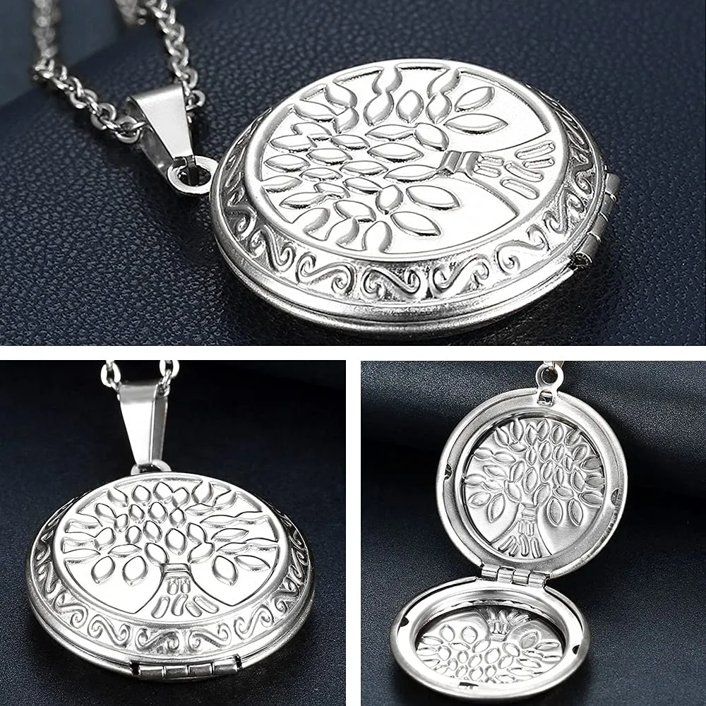 TOFBS Collana da Donna Medaglione Ciondolo Apribile Locket Portafoto Pendente in Acciaio Inox Rotondo Vintage Collana di Foto Argento Regalo per Ragazze Donne (Argento*Albero della vita) - immagine 5